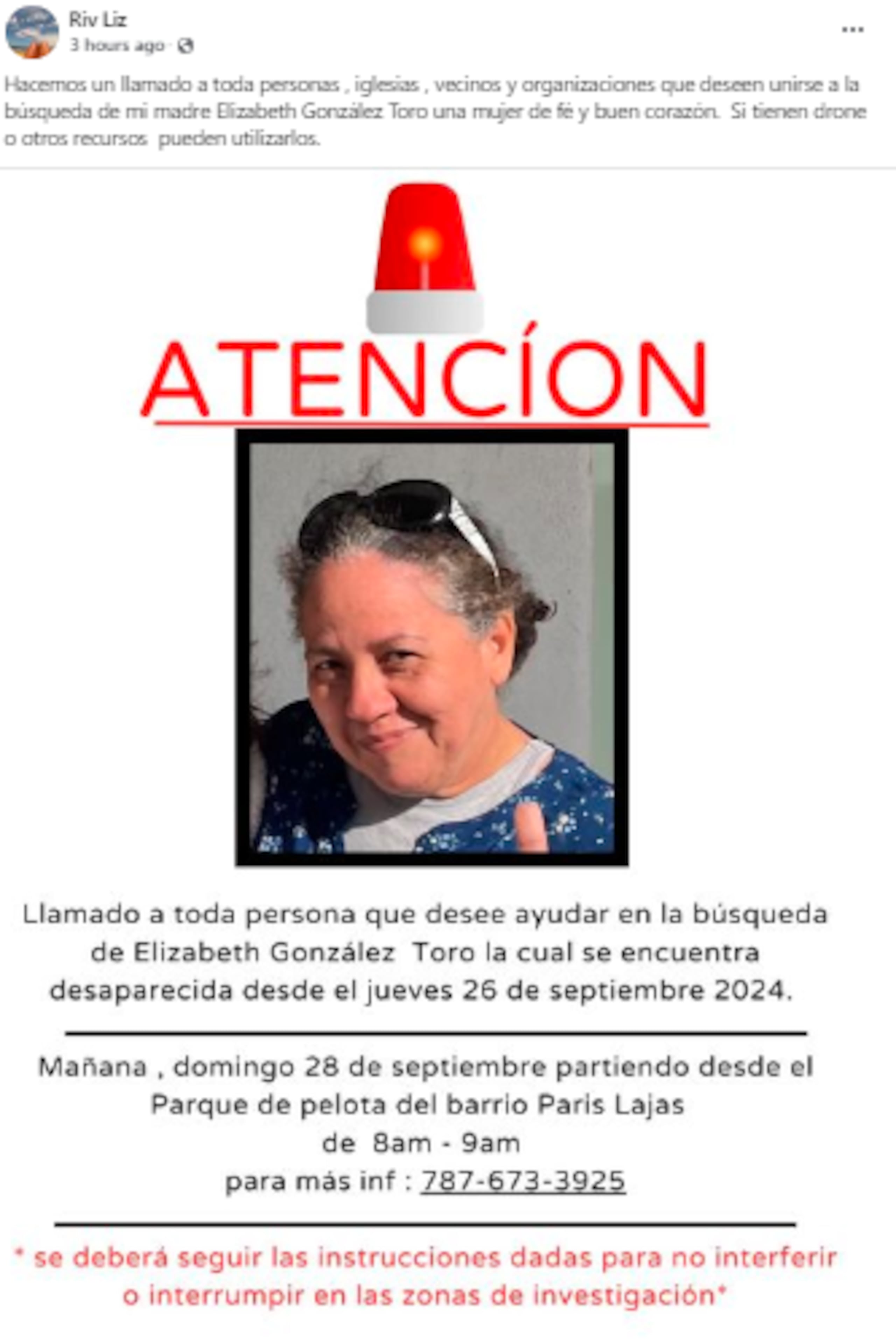 Convocatoria que compartió la familia de Elizabeth Judy González Toro.