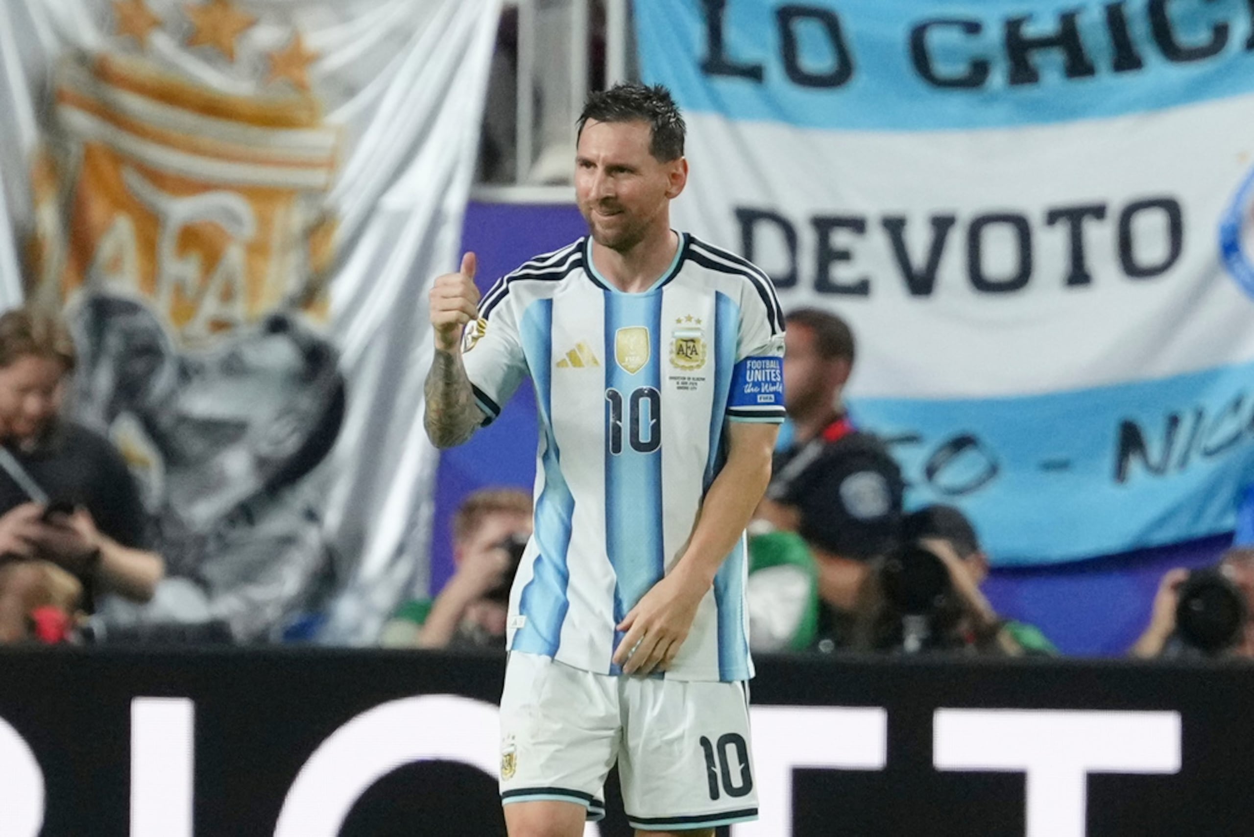 Lionel Messi reacciona tras marcar su tercer gol para Argentina en la victoria 3-0 ante Argelia en el Grupo J del Mundial, el 16 de junio de 2026, en Kansas City, Missouri.