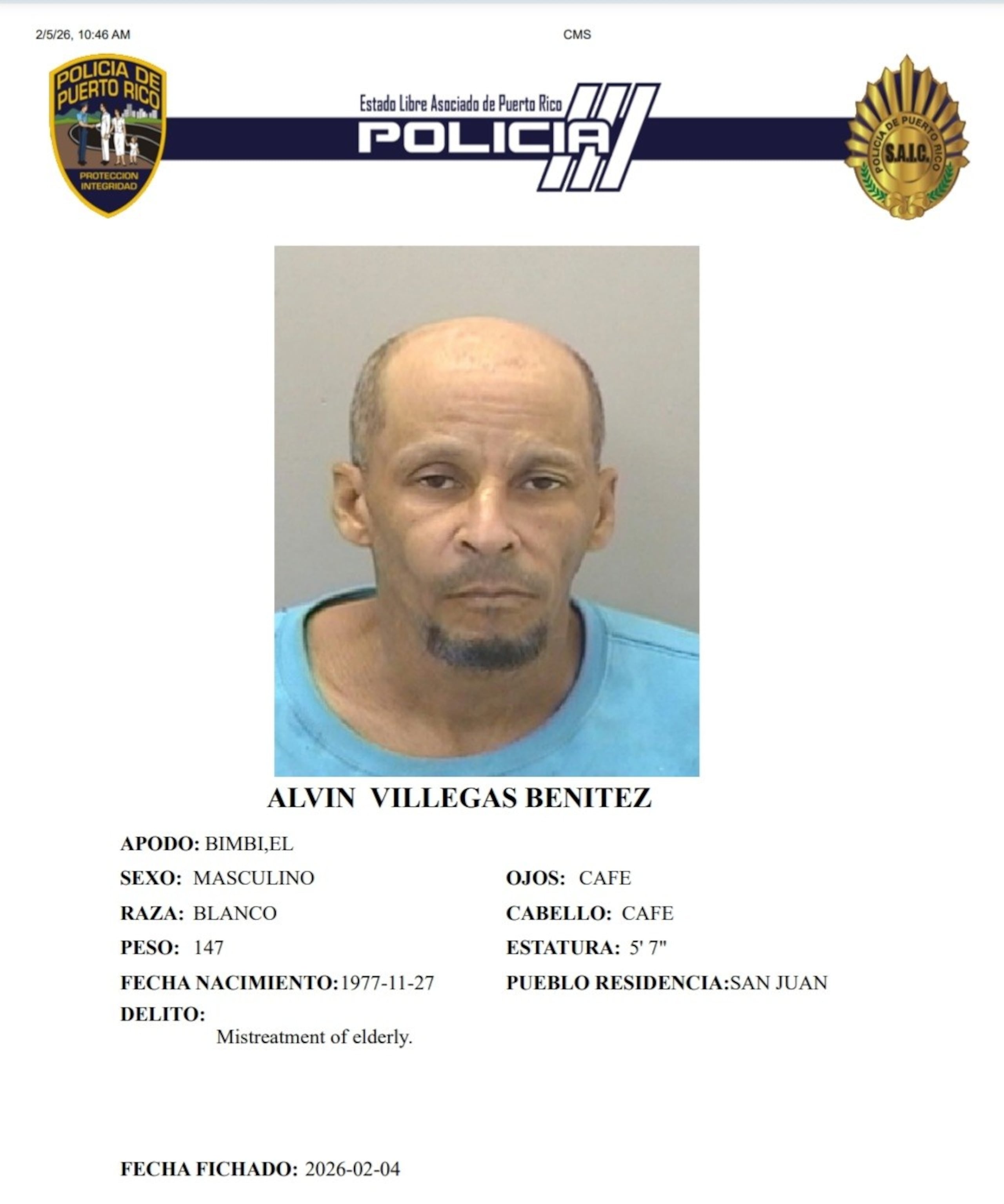 Alvin “Bimbi” Villegas Benítez, de 48 años, enfrenta un cargo por maltrato a una persona de edad avanzada, en este caso su padrastro.