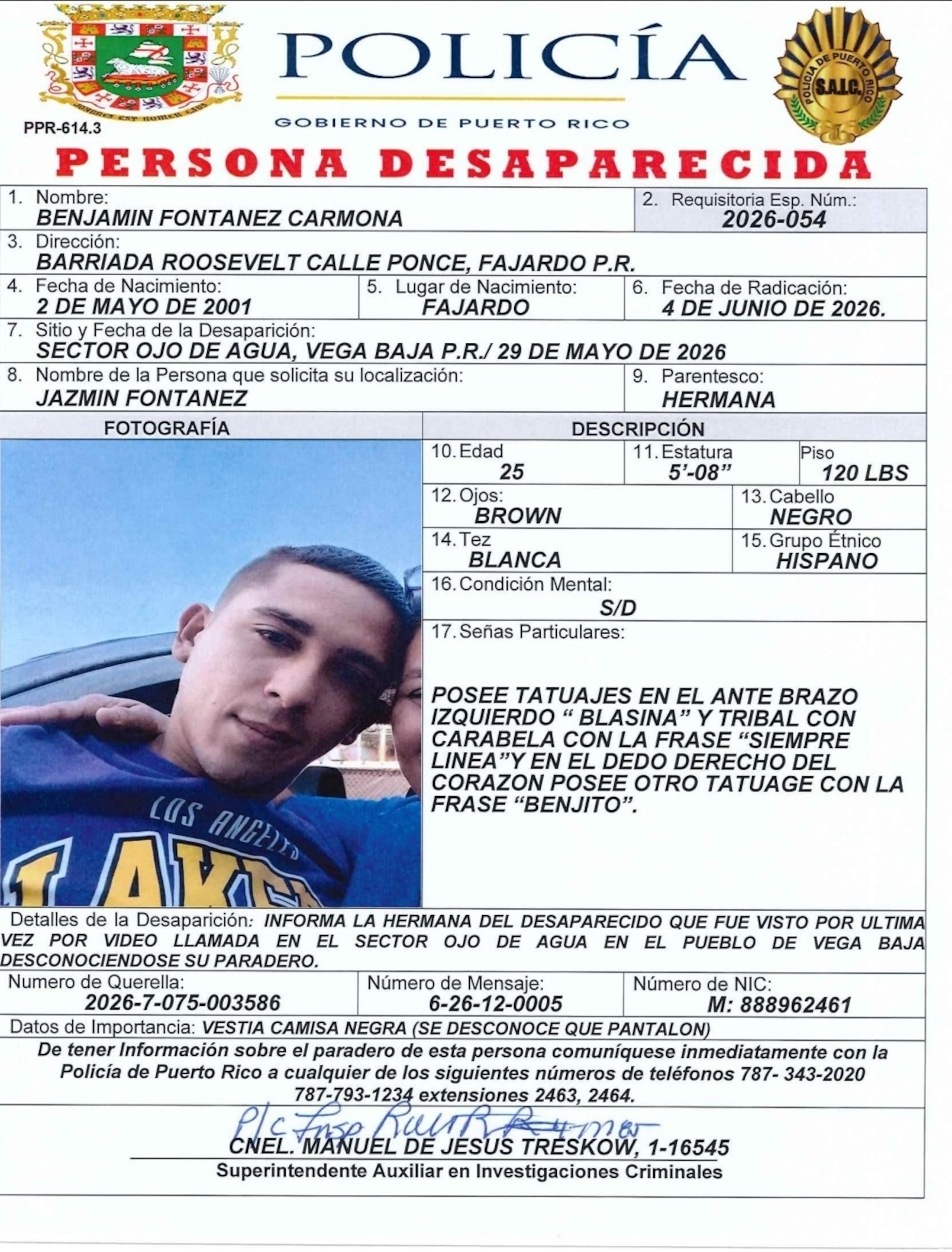 Benjamín Fontanez Carmona fue visto por última vez por vídeo llamada en el sector Ojo de Agua, en Vega Baja, el 29 de mayo.