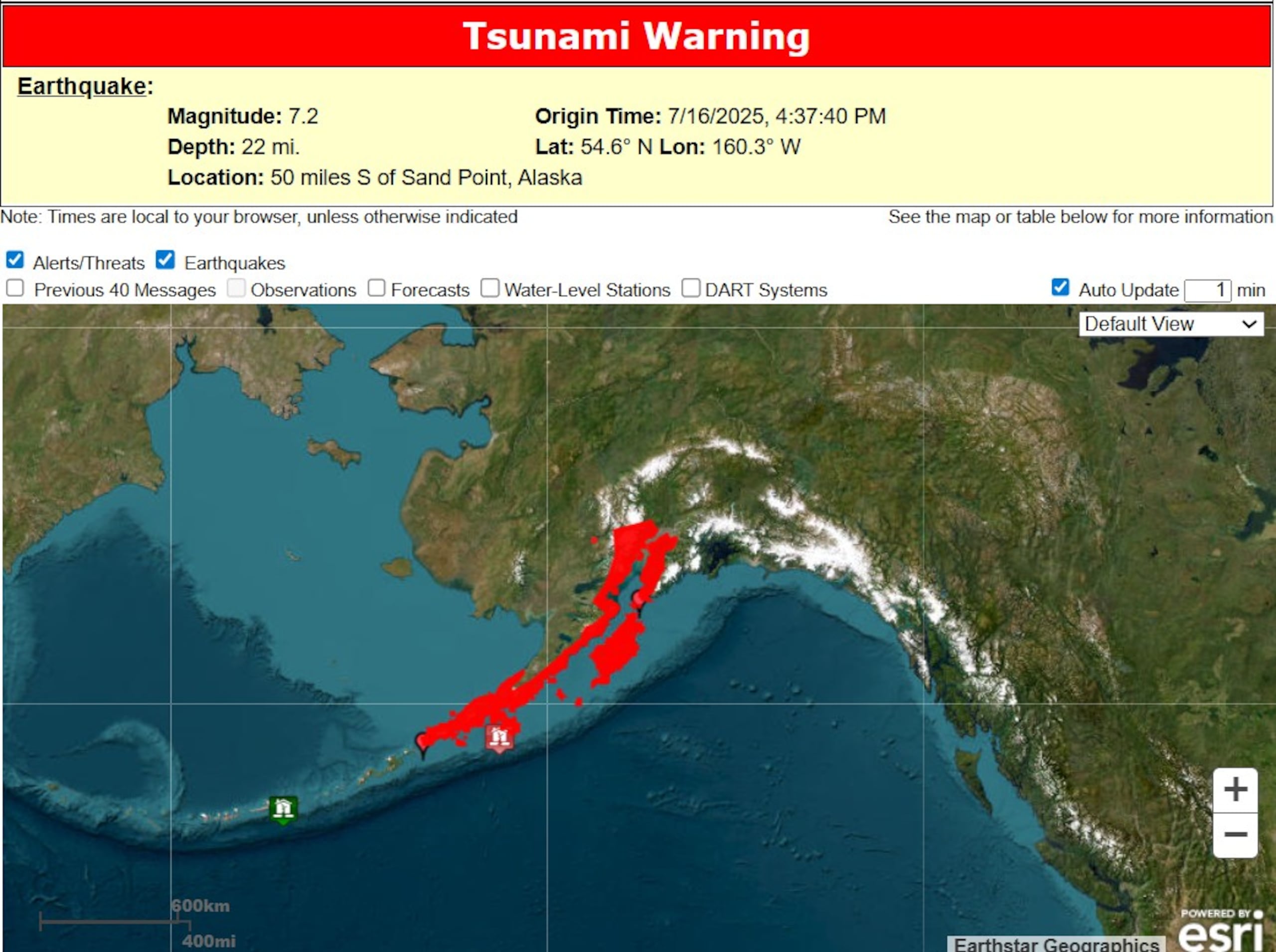 La alerta fue rebajada a un aviso aproximadamente una hora después, y cancelada poco antes de las 2:45 de la tarde.
