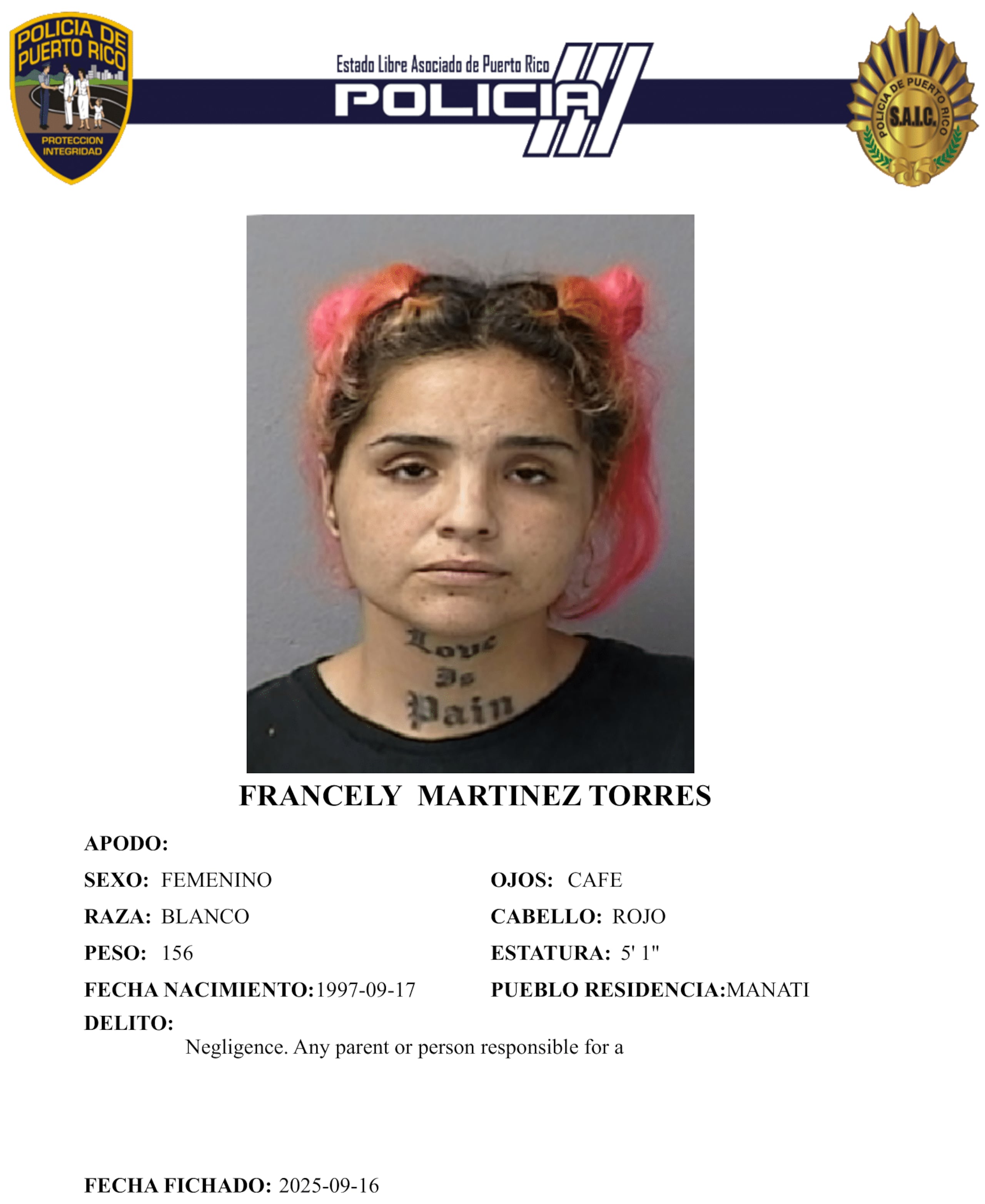 Ficha policíaca de la imputada, Francely Martínez Torres, de 27 años.