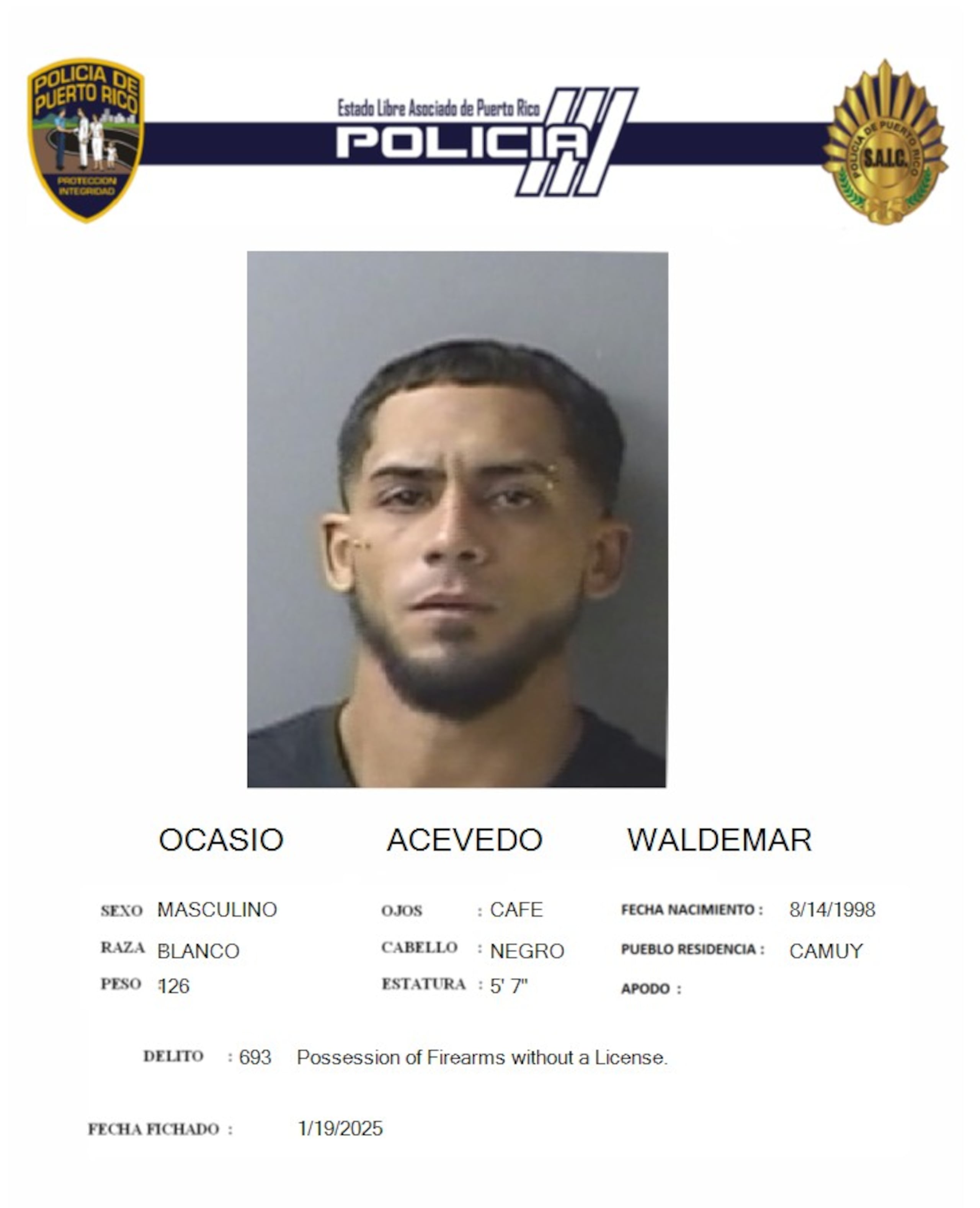 Waldemar Ocasio Acevedo fue acusado por la posesión de un revólver hurtado en el 1996.