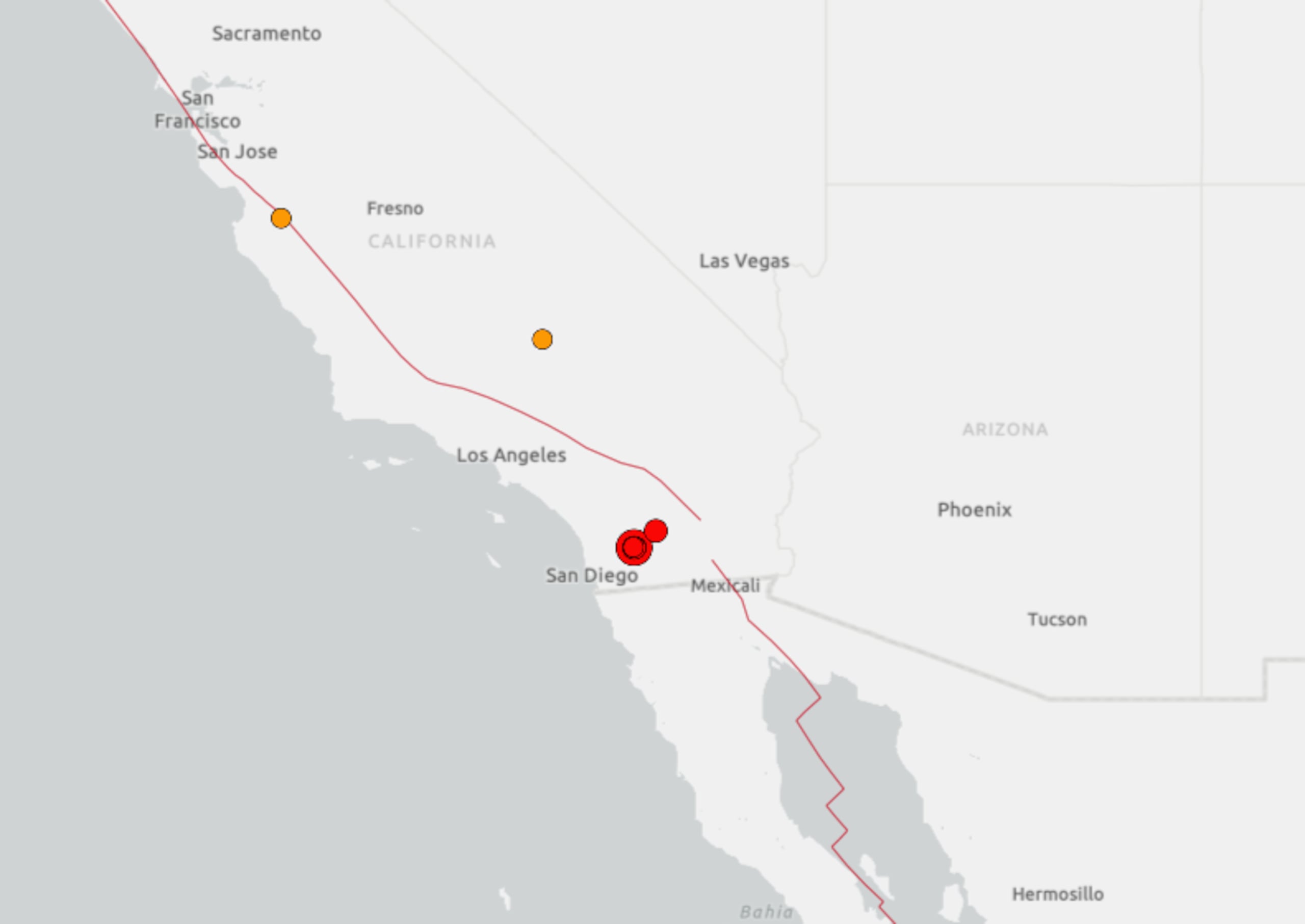 Mapa del Servicio Geológico de Estados Unidos que muestra el área donde se registró un sismo de 5.2 y algunas réplicas el lunes 14 de abril de 2025 en California.