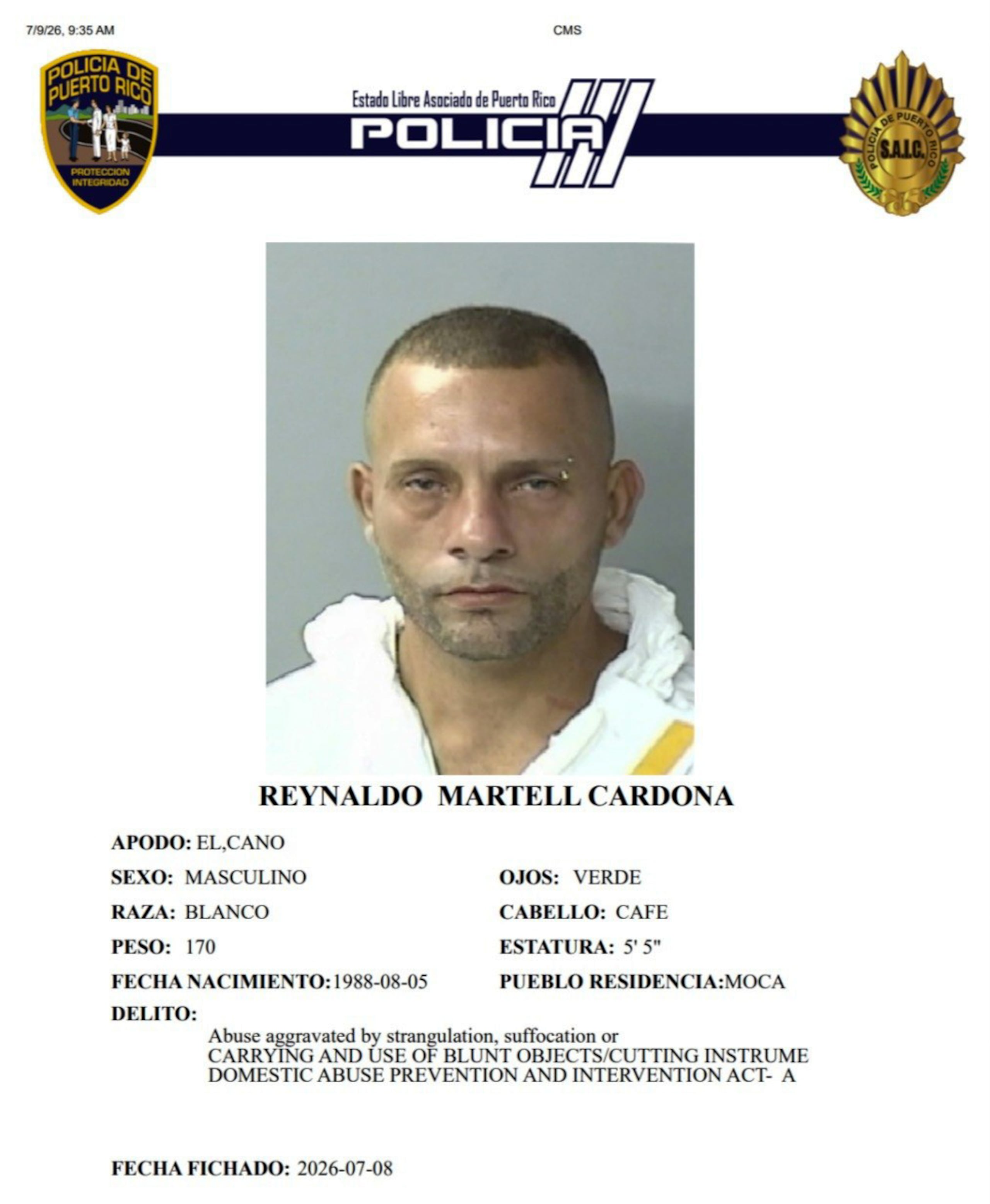 Reynaldo Martell Cardona, enfrenta cargos por violencia doméstica y Ley de Armas.