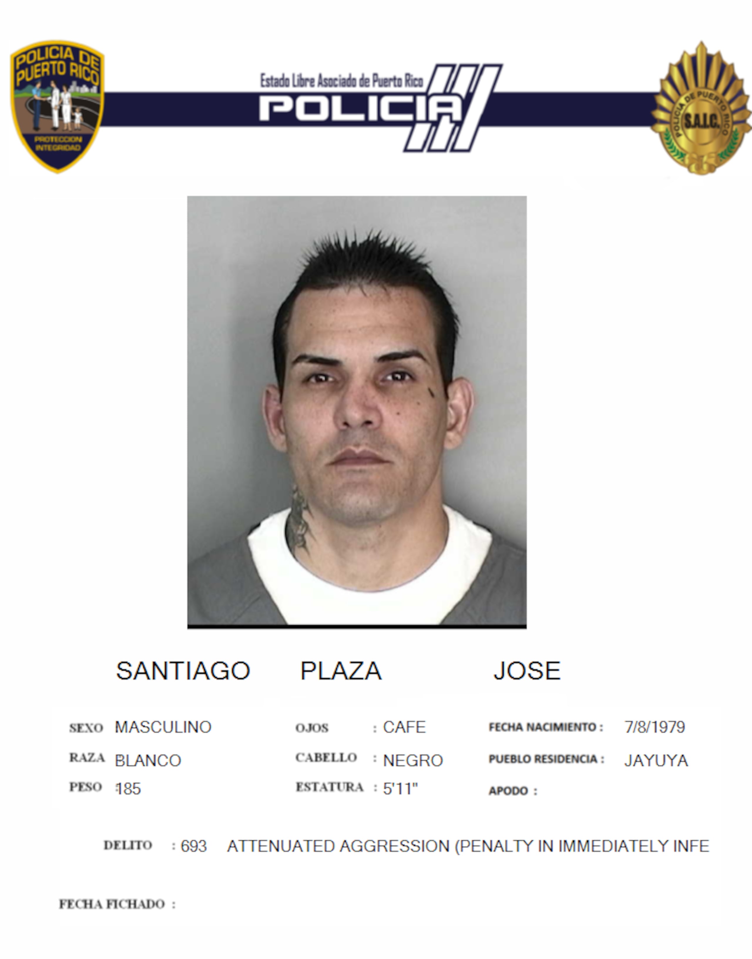 Ficha policial de José Santiago Plaza, uno de los sujetos asesinados en Jayuya esta madrugada.