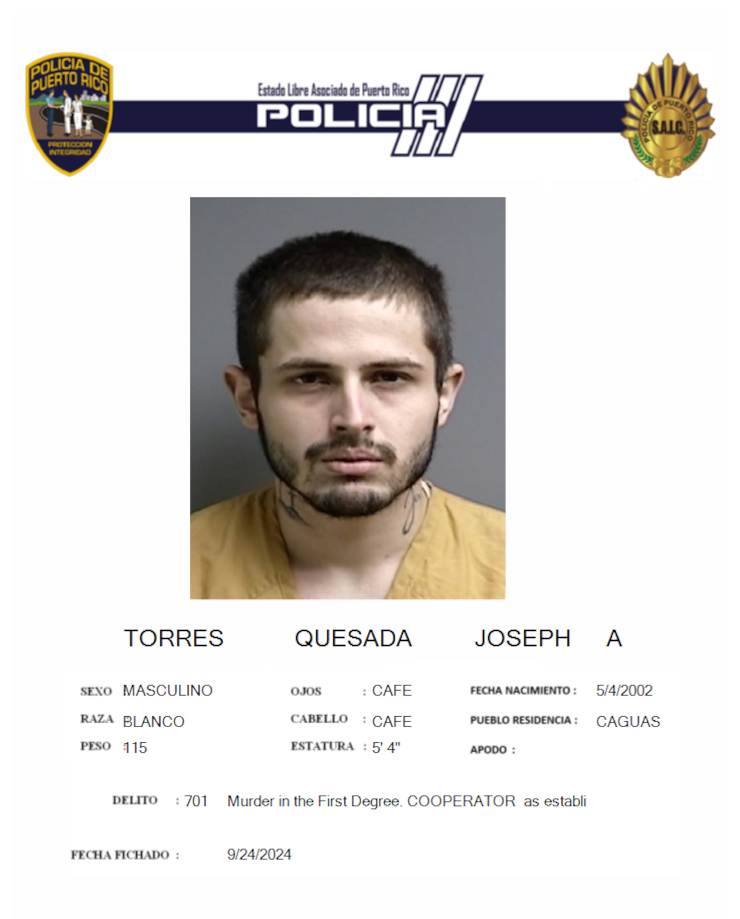 Joseph A. Torres Quesada, alias Mueca, enfrenta cargos por asesinato en primer grado y violación a la Ley de Armas, por hechos ocurridos el 6 de abril en Cayey.