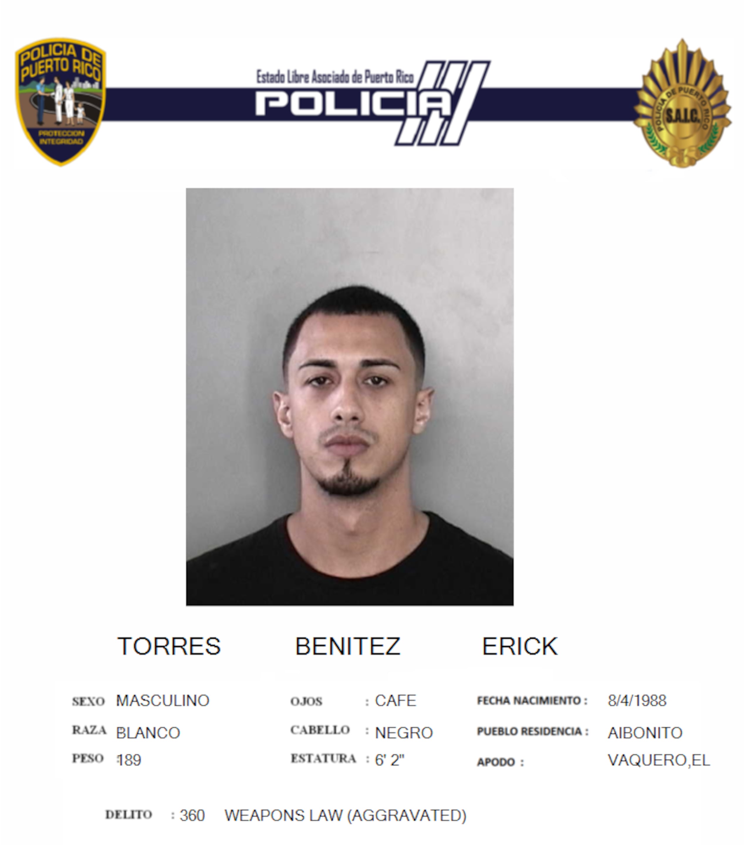 Erick Torres Benítez alias Vaquero, tiene expediente criminal por violación a la Ley de Armas, se desconoce la disposición del caso en el tribunal.