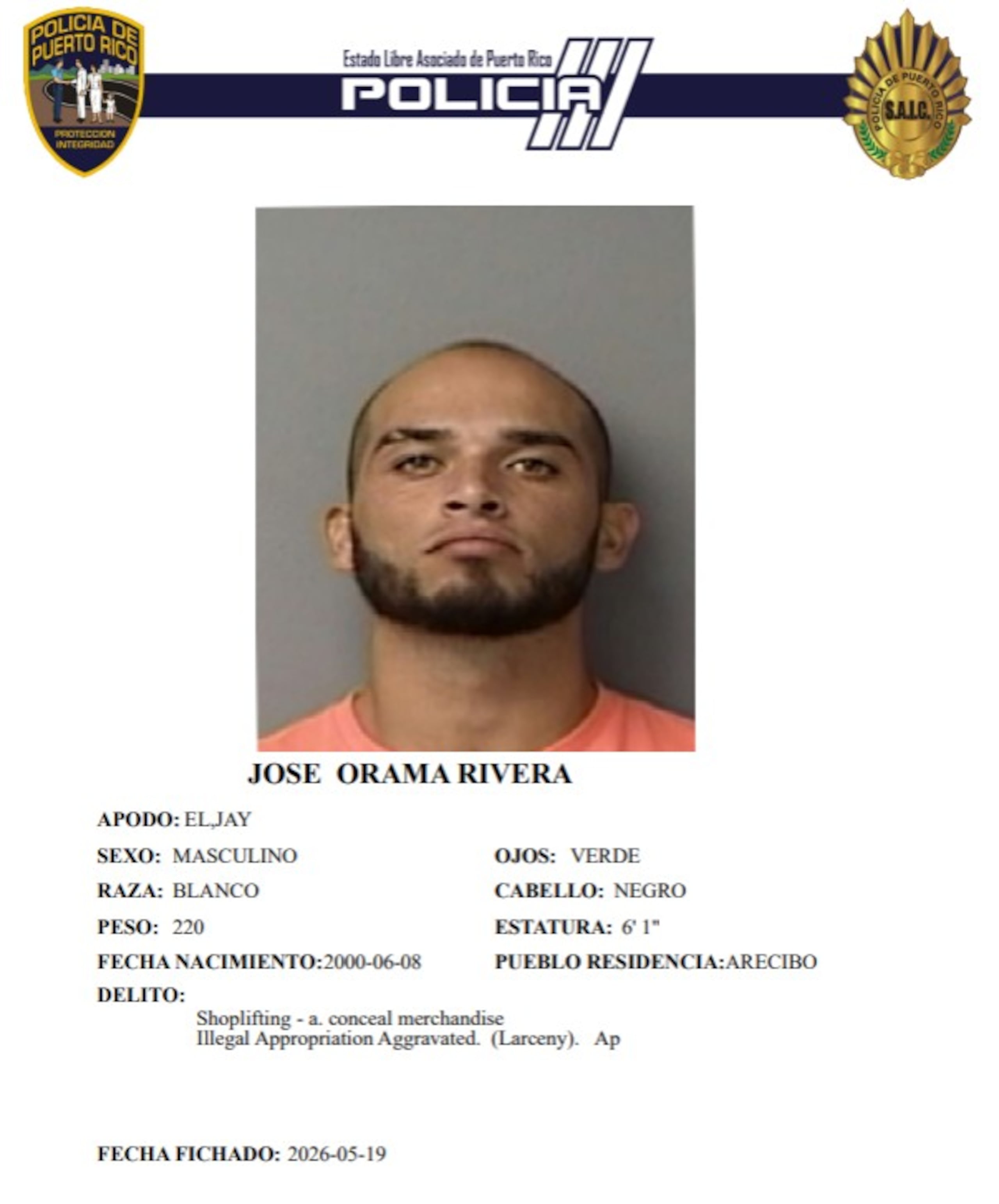 Ficha policial de José Orama Rivera, de 25 años y residente de Arecibo, quien labora como oficial de custodia.