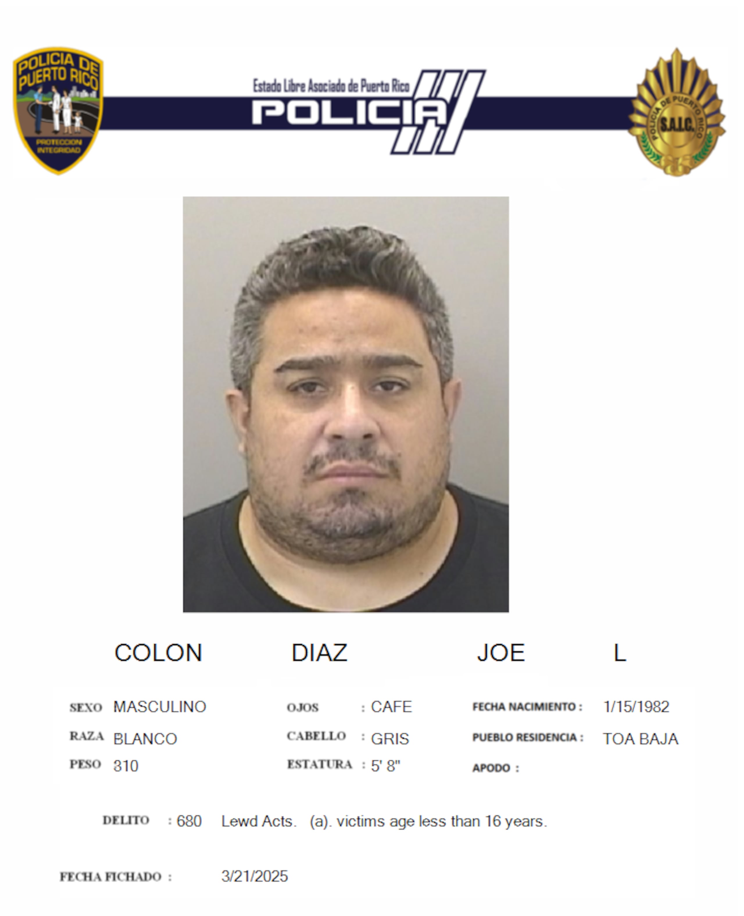 Joe L. Colón Díaz, fue acusado por cargos de agresión sexual, actos lascivos y maltrato de menores.
