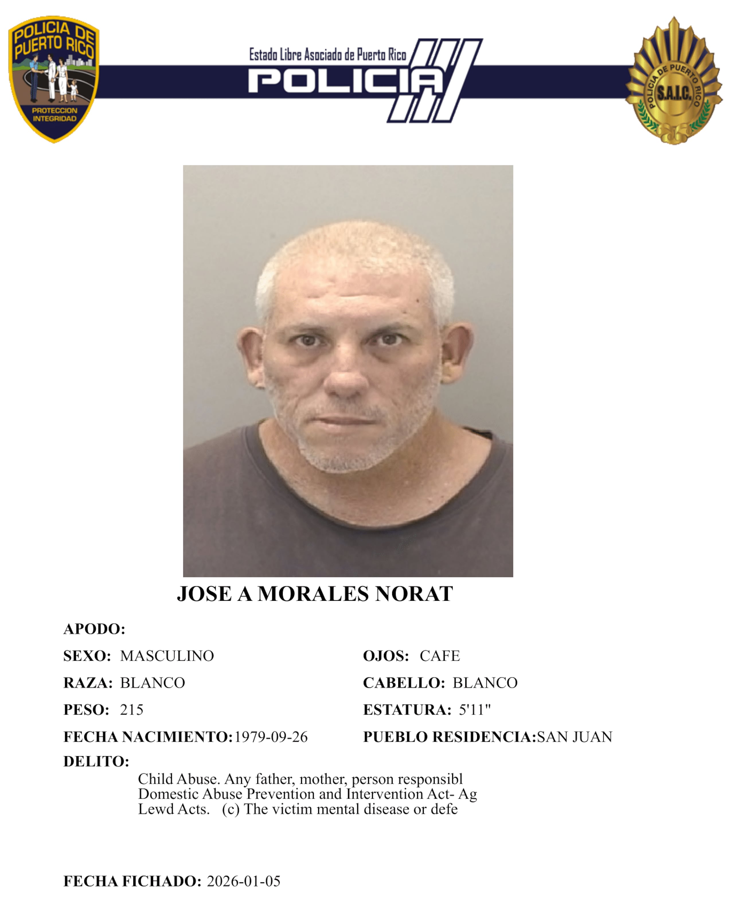 Ficha policíaca del imputado, José Ángel Morales Norat, de 46 años y vecino de San Juan.