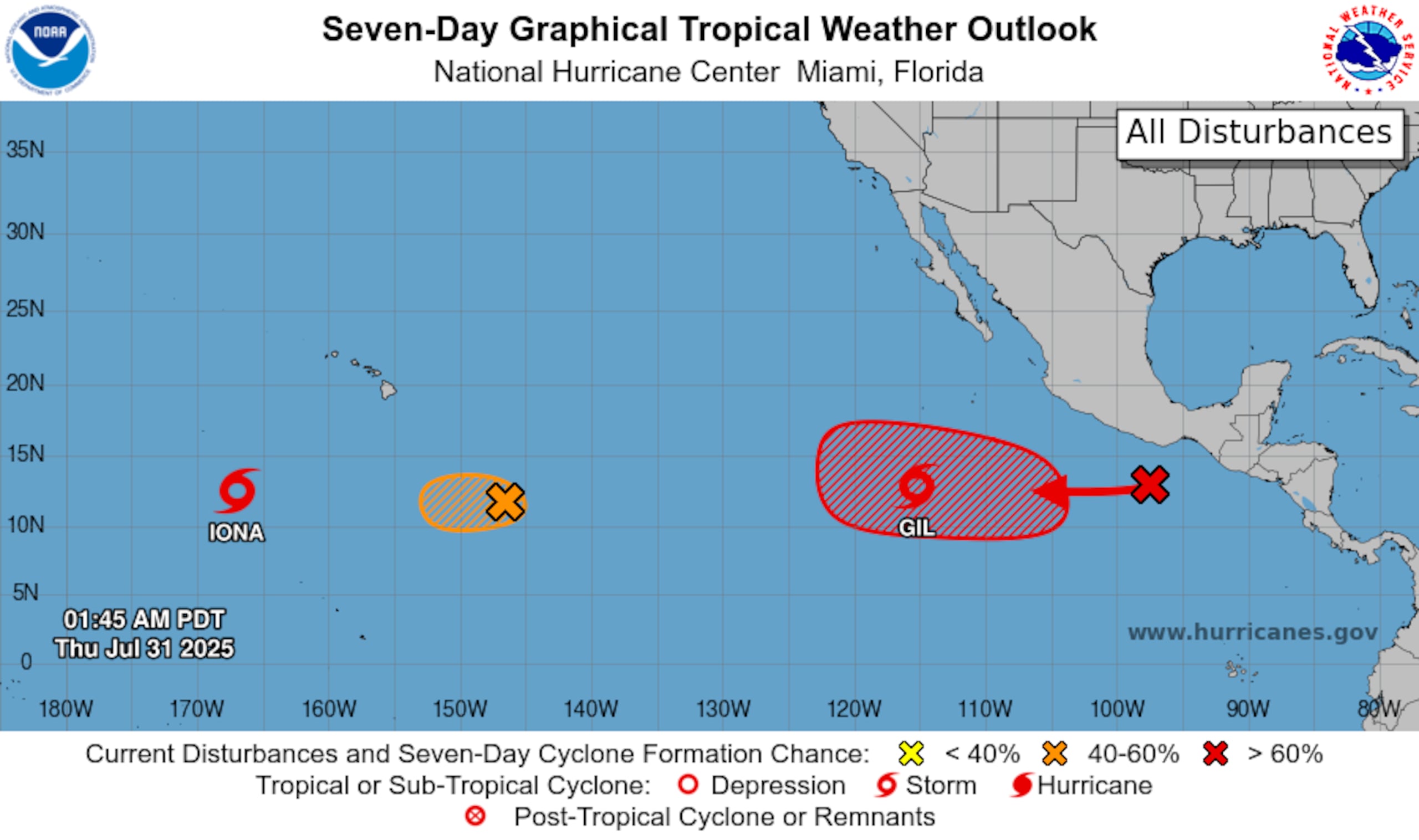 31 de julio de 2025 | La tormenta tropical Gil se formó en el océano Pacífico oriental y no se espera que amenace tierra a medida que se fortalece, informaron los meteorólogos el jueves.
