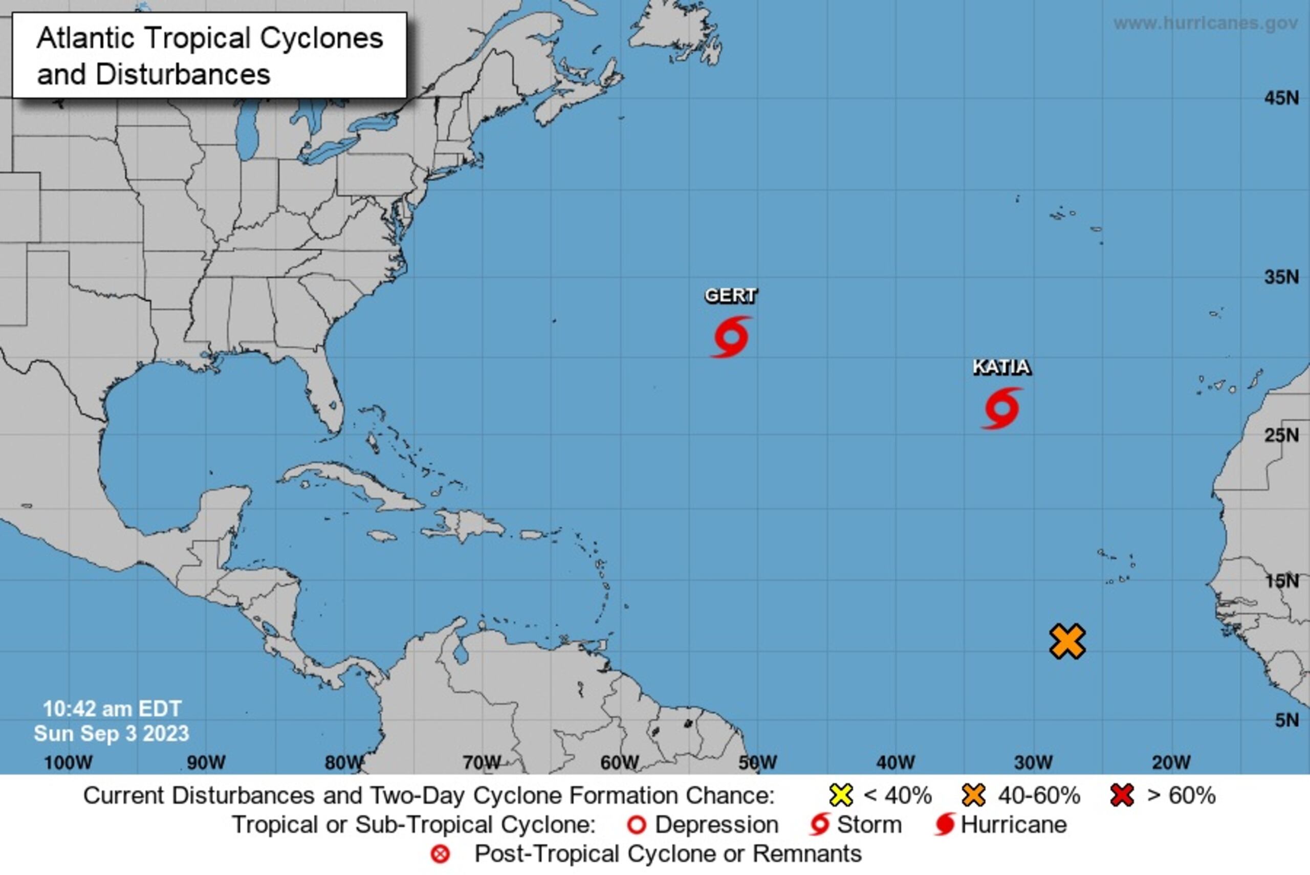 Tormentas tropicales en el Atlántico el domingo 3 de septiembre.