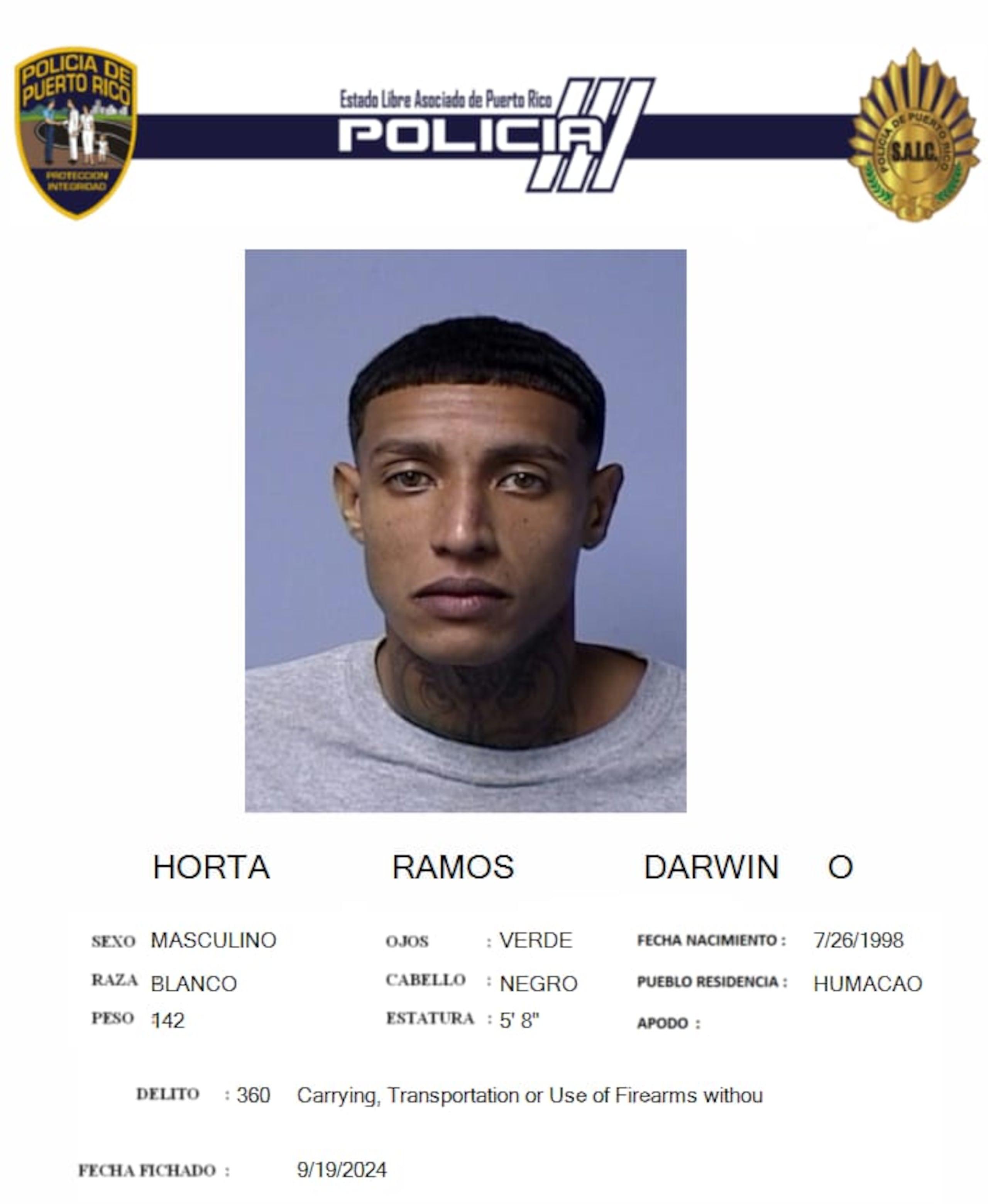 Darwin O. Horta Ramos, enfrenta más cargos por violación a la Ley de Armas.