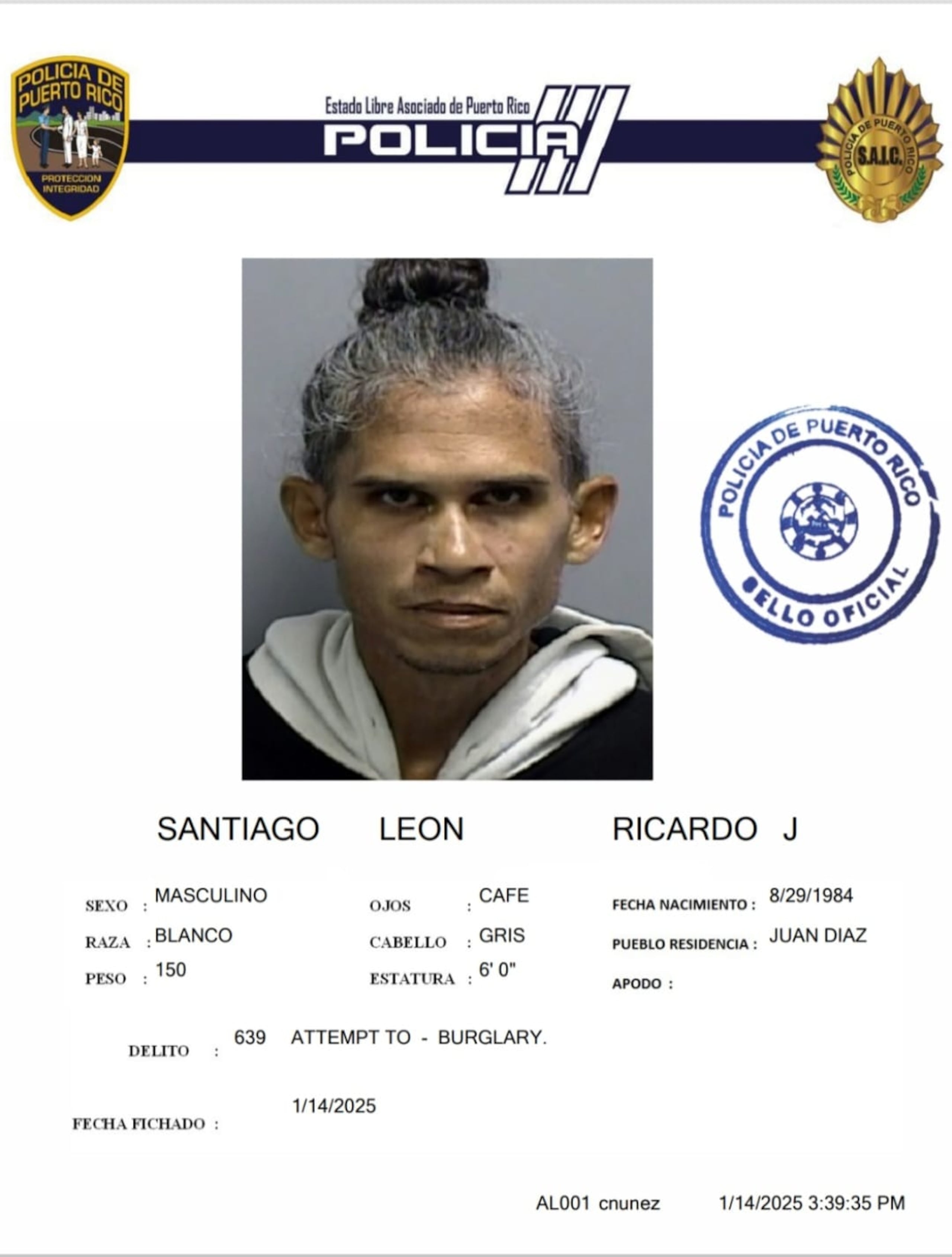 Ricardo J. Santiago León, enfrenta varios cargos por un robo domiciliario en una residencia de adultos mayores, en Juana Díaz.