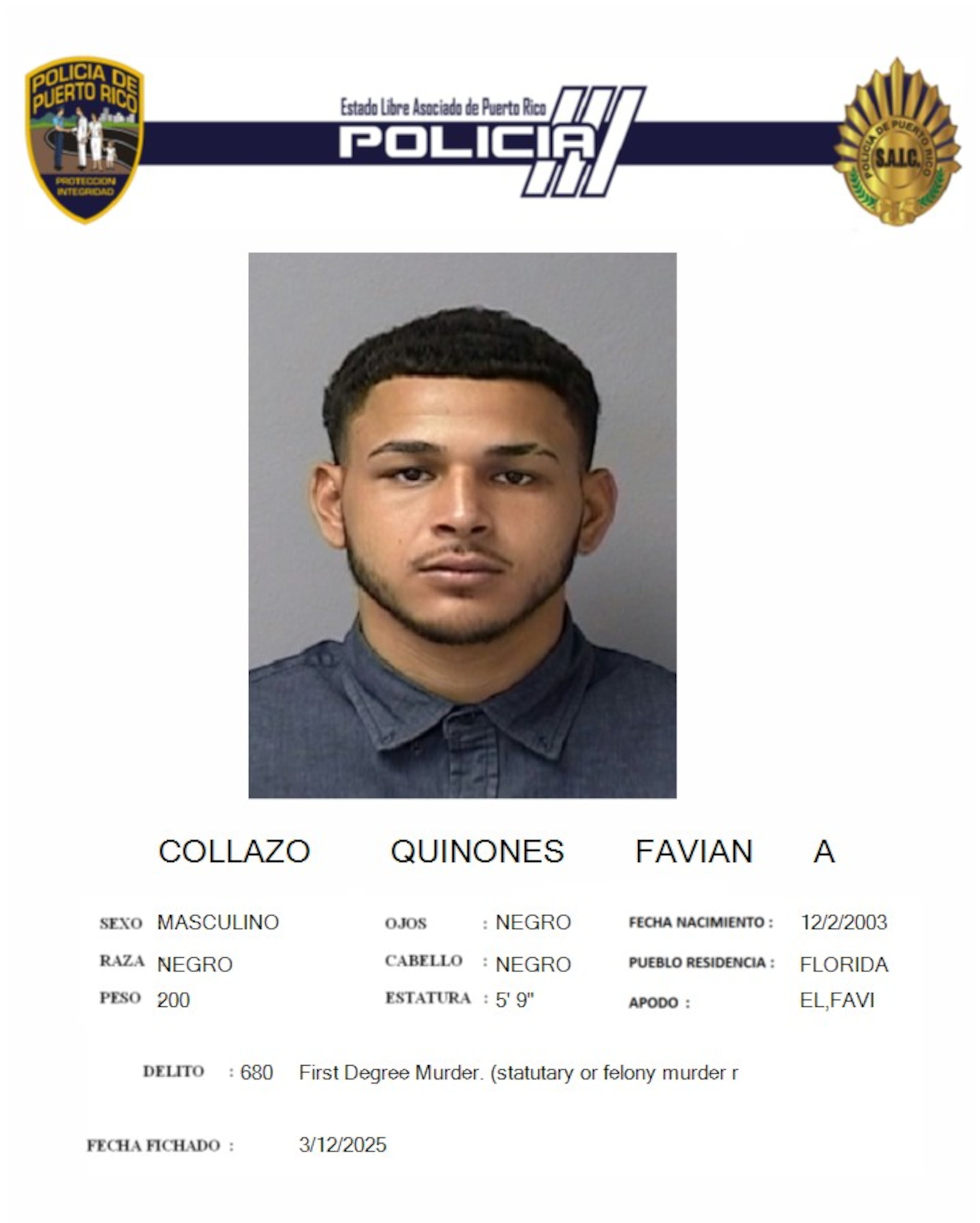 Favián A. Collazo Quiñones, enfrenta cargos por asesinato en primer grado, violación a la Ley de Armas y "carjacking" en el sector Villamil, en el pueblo de Florida, en el 2023.