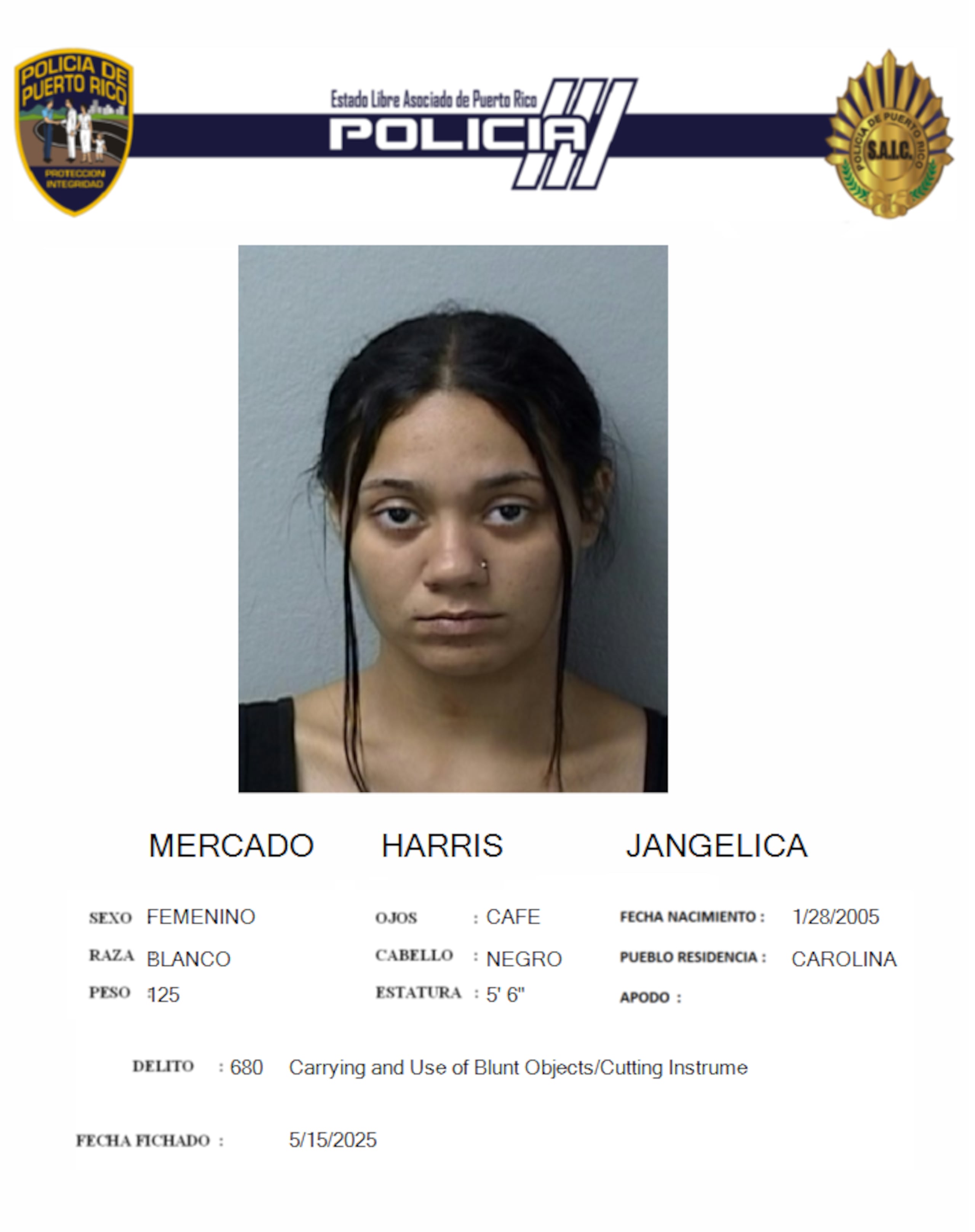 Jangélica Mercado Harris, enfrenta cargos por violar la Ley de Armas.