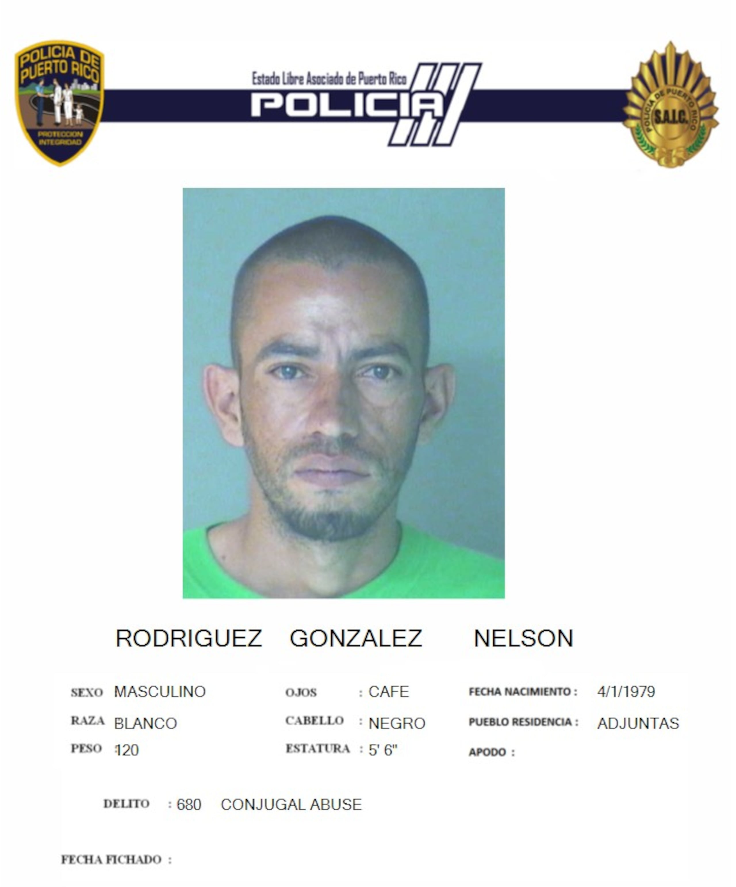 Ficha policial de Nelson Rodríguez González.