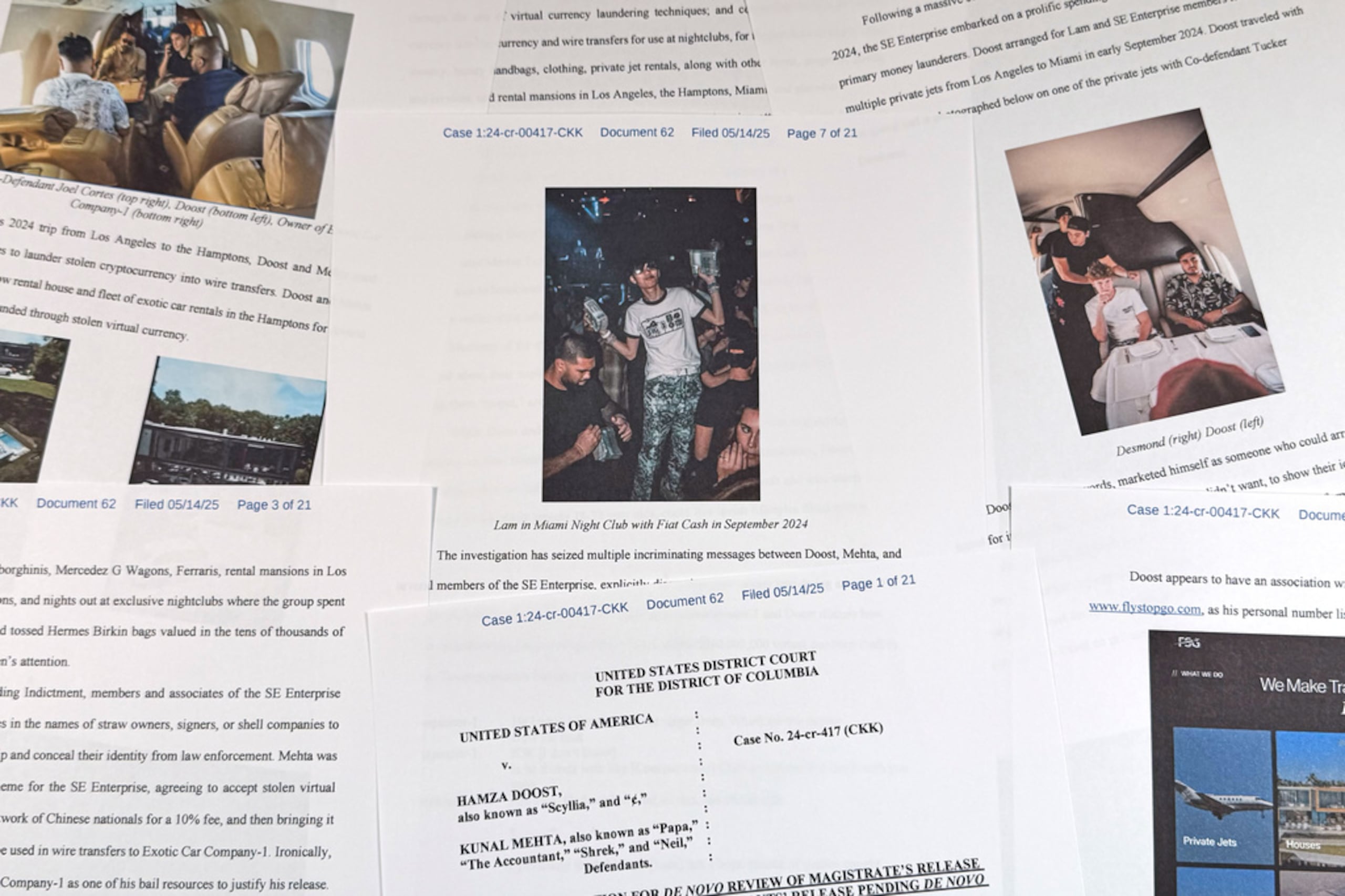 Imagen del documento judicial del Departamento de Justicia relativo al caso contra Hamza Doost y Kunal Mehta, que incluye una foto de Malone Lam.