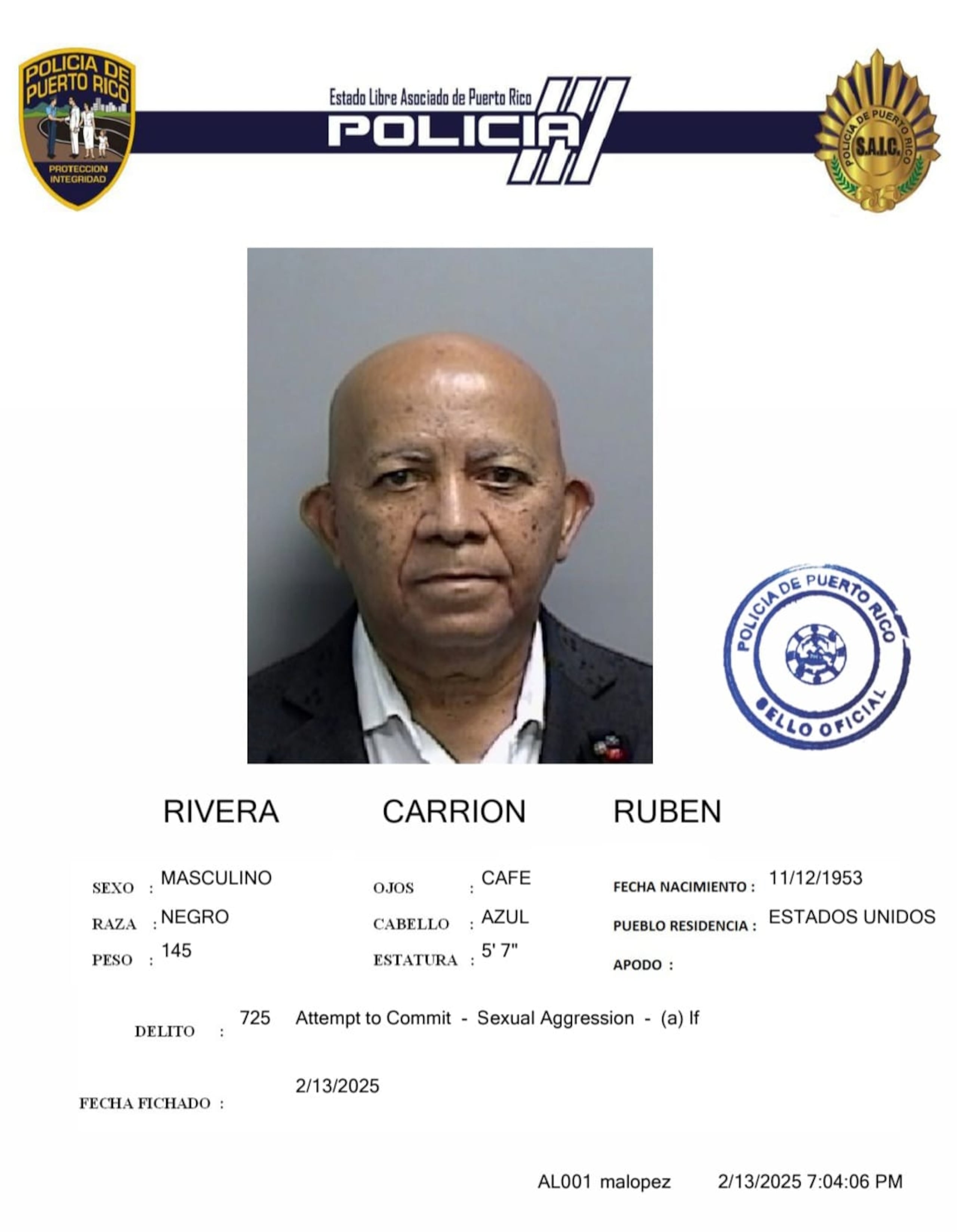 Rubén Rivera Carrión enfrenta un cargo por agresión sexual.