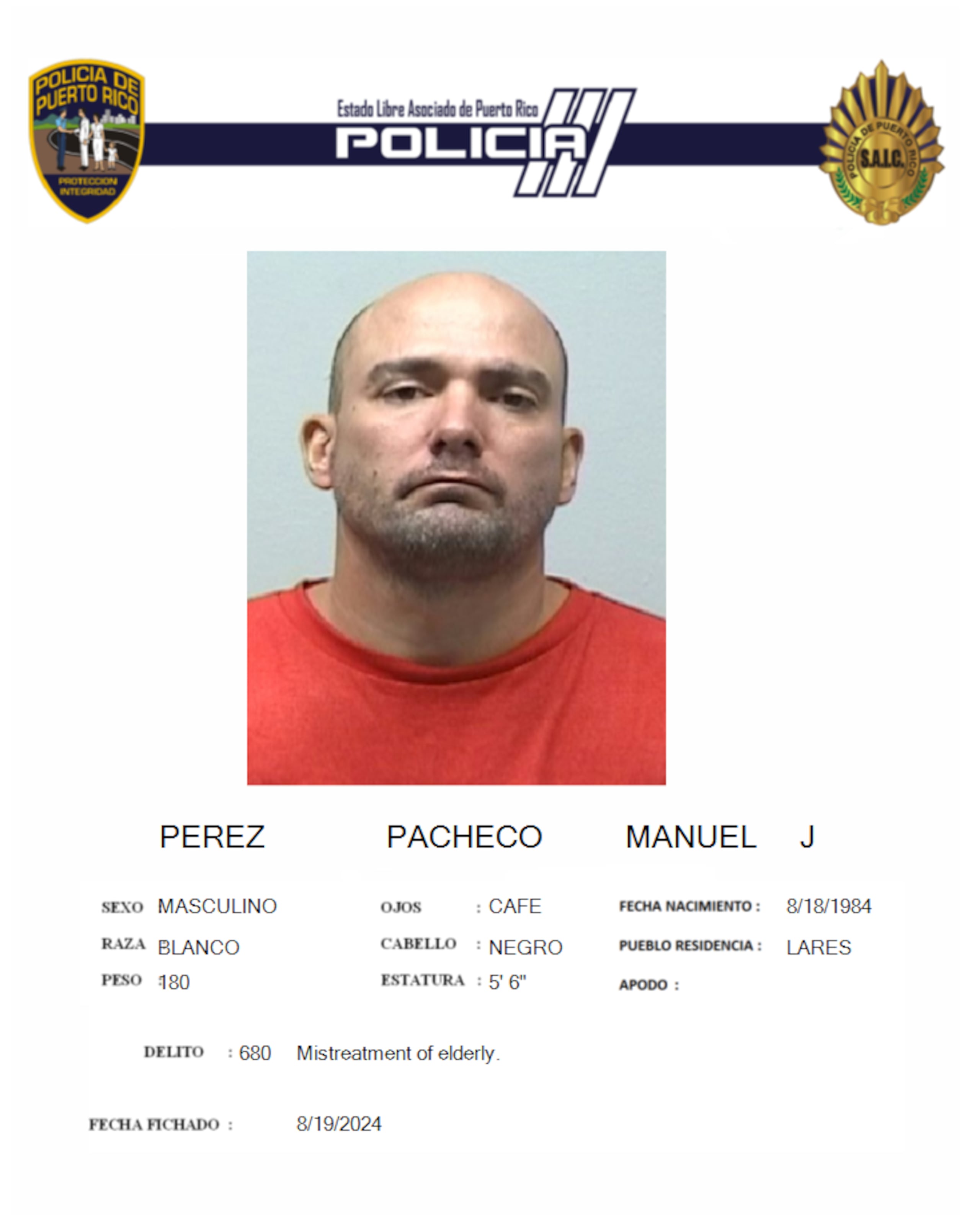 Manuel J. Pérez Pacheco fue acusado por maltrato y amenaza contra un adulto mayor, en Lares.