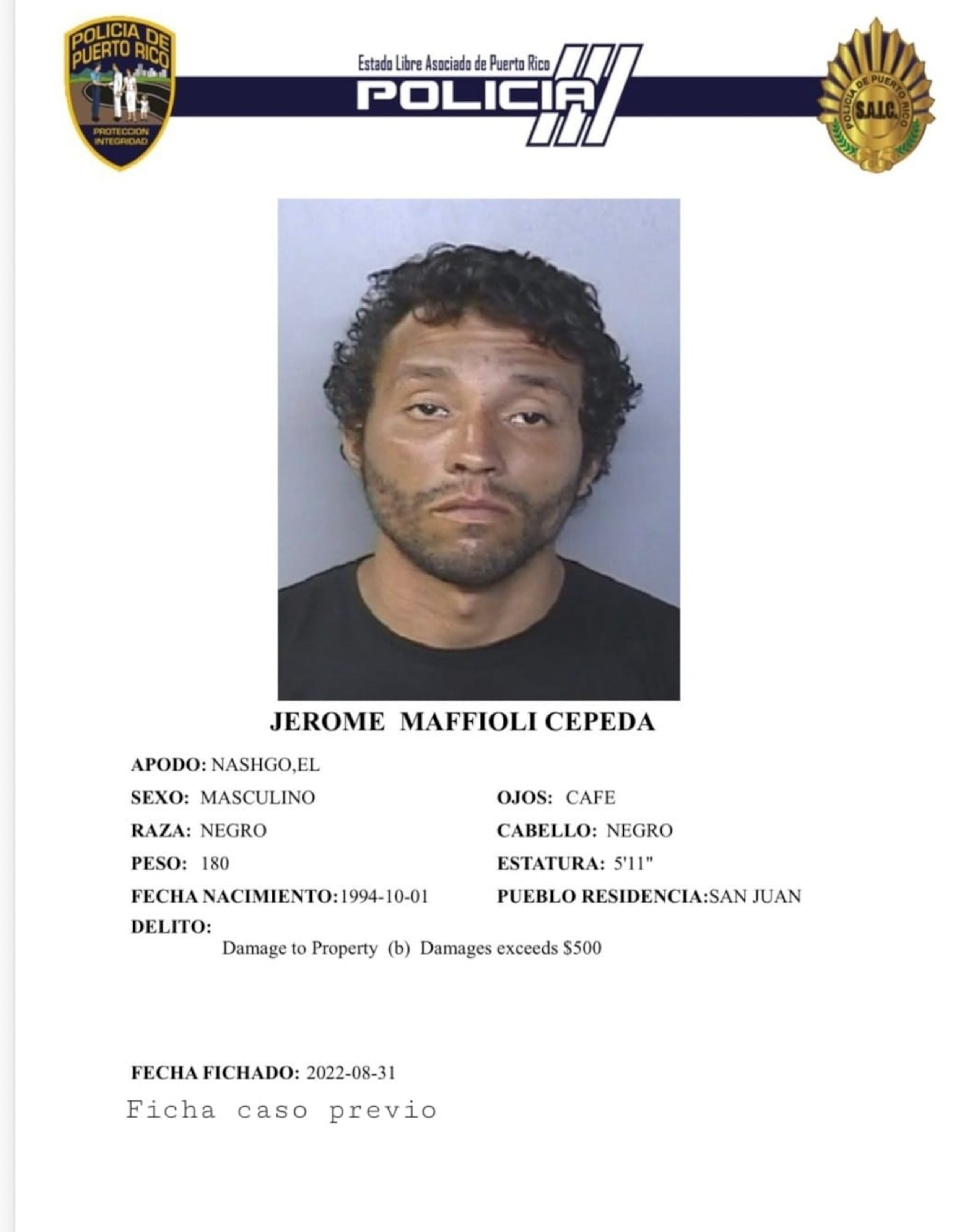 Ficha policial del imputado, Jerome Manffioli Cepeda.