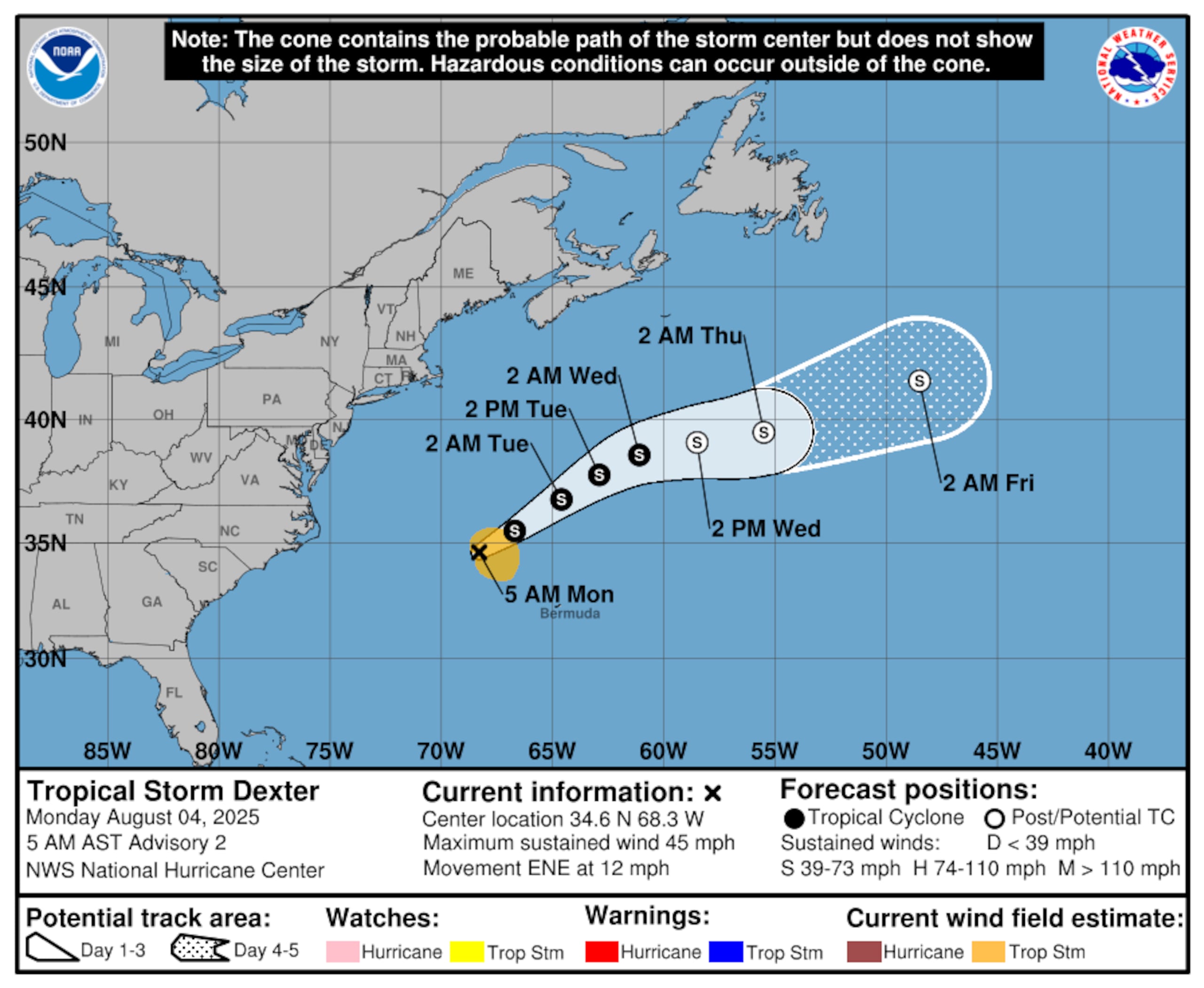 Una nueva tormenta tropical se formó el domingo en el Atlántico occidental, pero el Centro Nacional de Huracanes de Estados Unidos indicó que se prevé que se aleje de la costa del país y permanezca al norte de las Bermudas. La tormenta tropical Dexter es el cuarto meteoro con nombre de la temporada de huracanes de 2025.