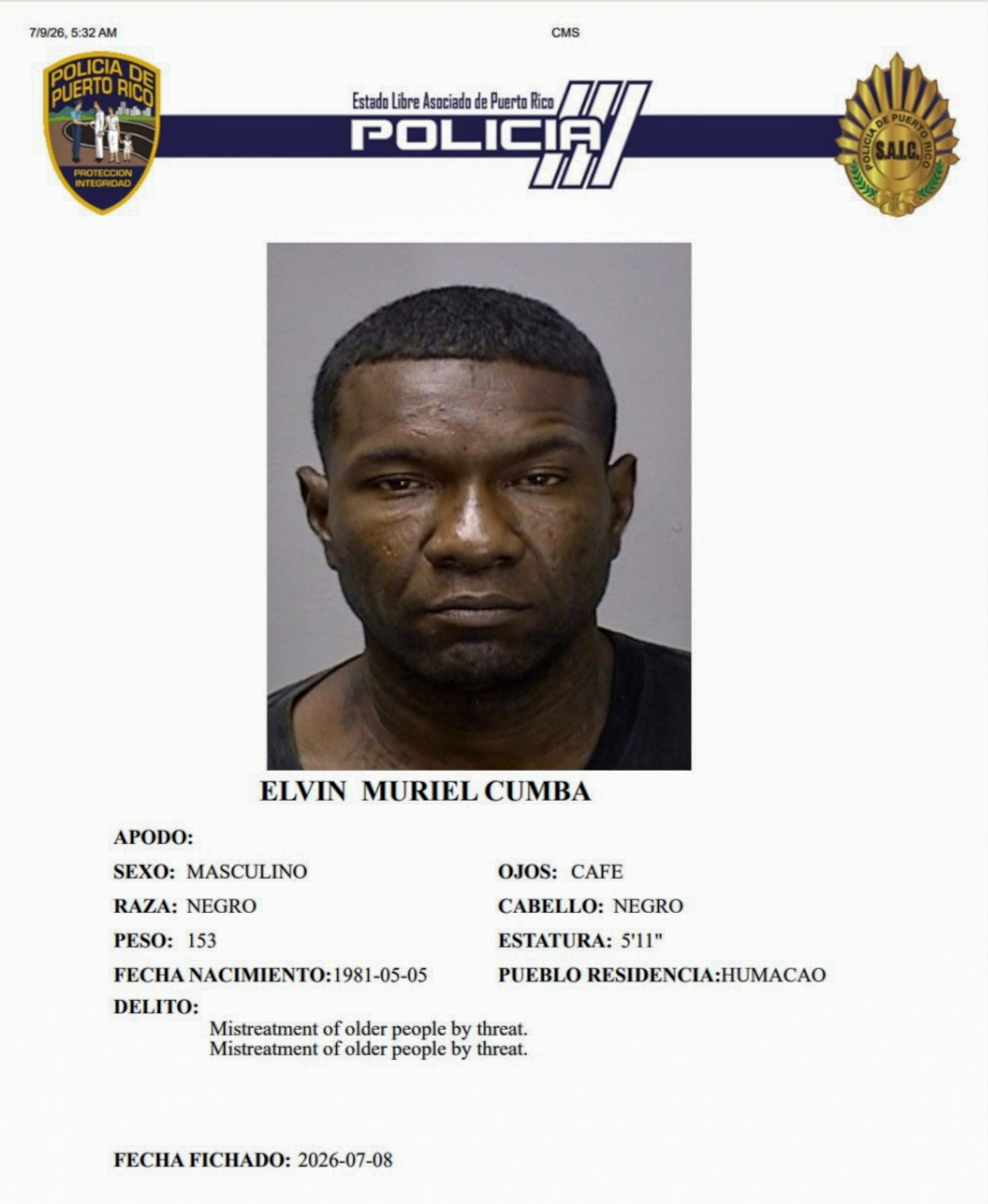 Elvin Muriel Cumba, enfrenta cargos por maltrato de personas de edad avanzada, daños y amenaza.