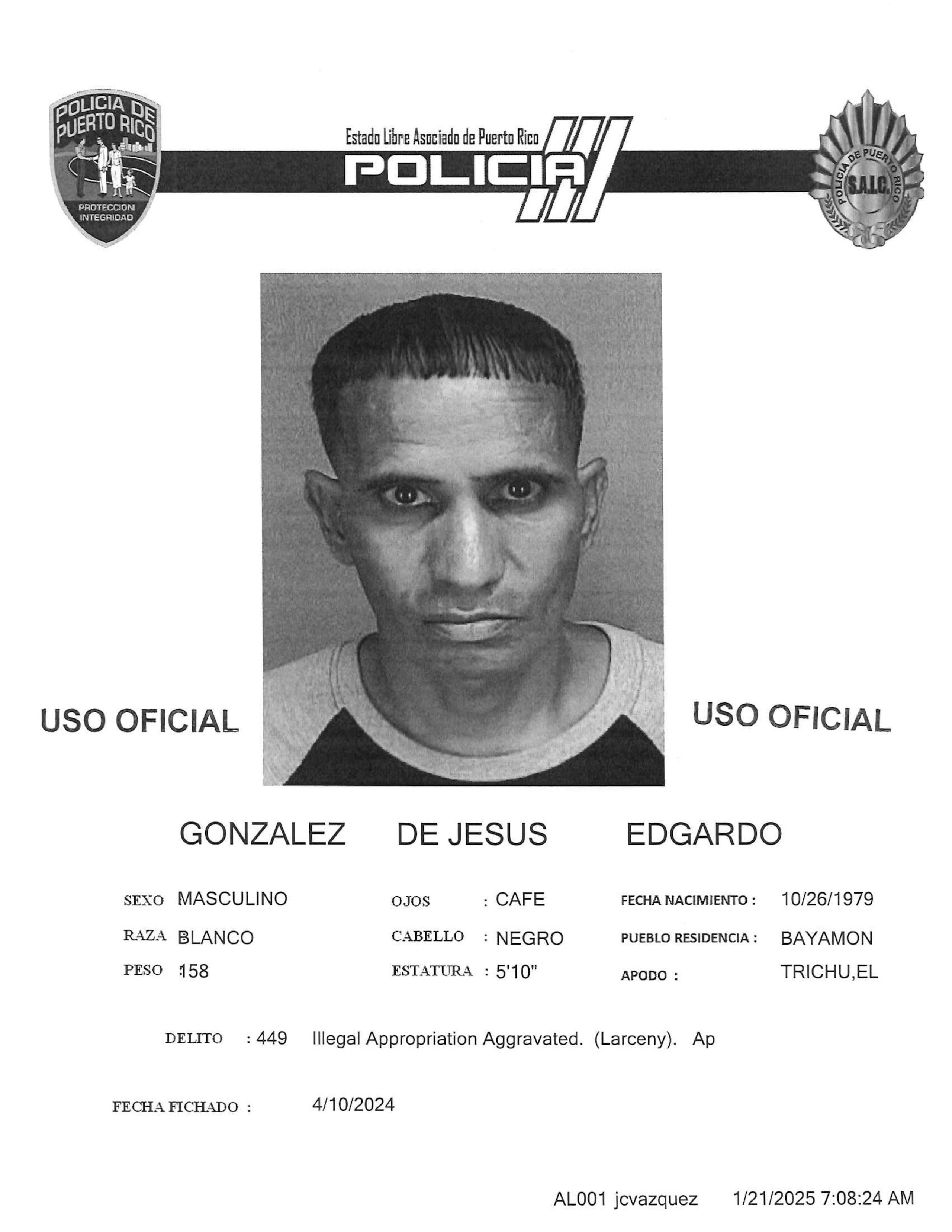 Ficha policíaca de Edgardo González De Jesús.