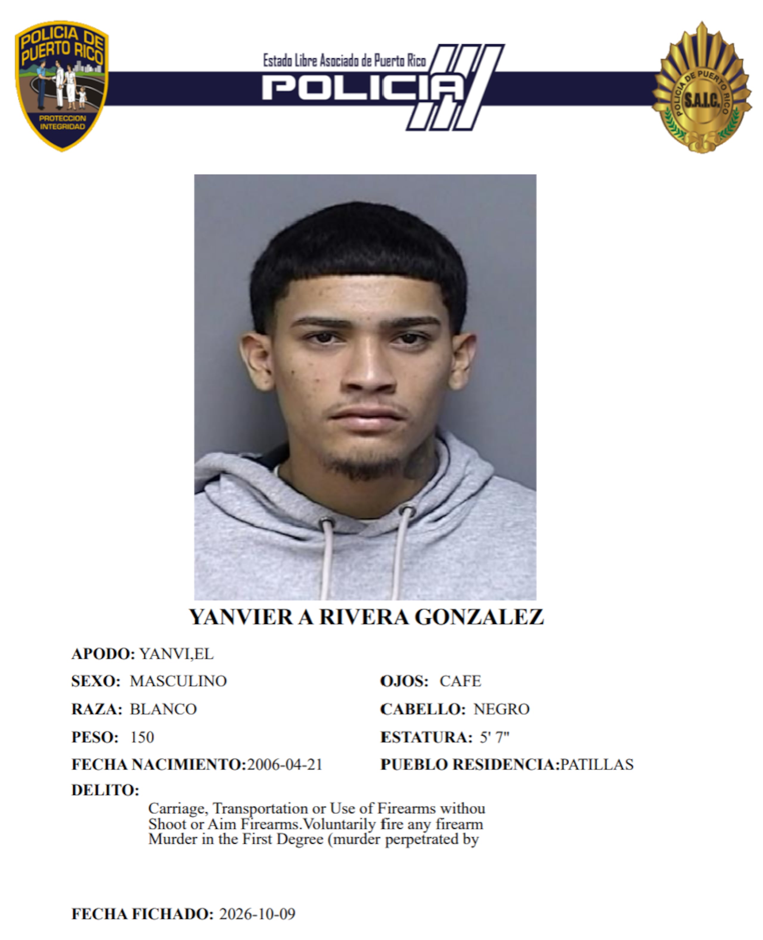 Ficha suministrada por la Policía de Yanvier Alexis Rivera González, de 20 años.