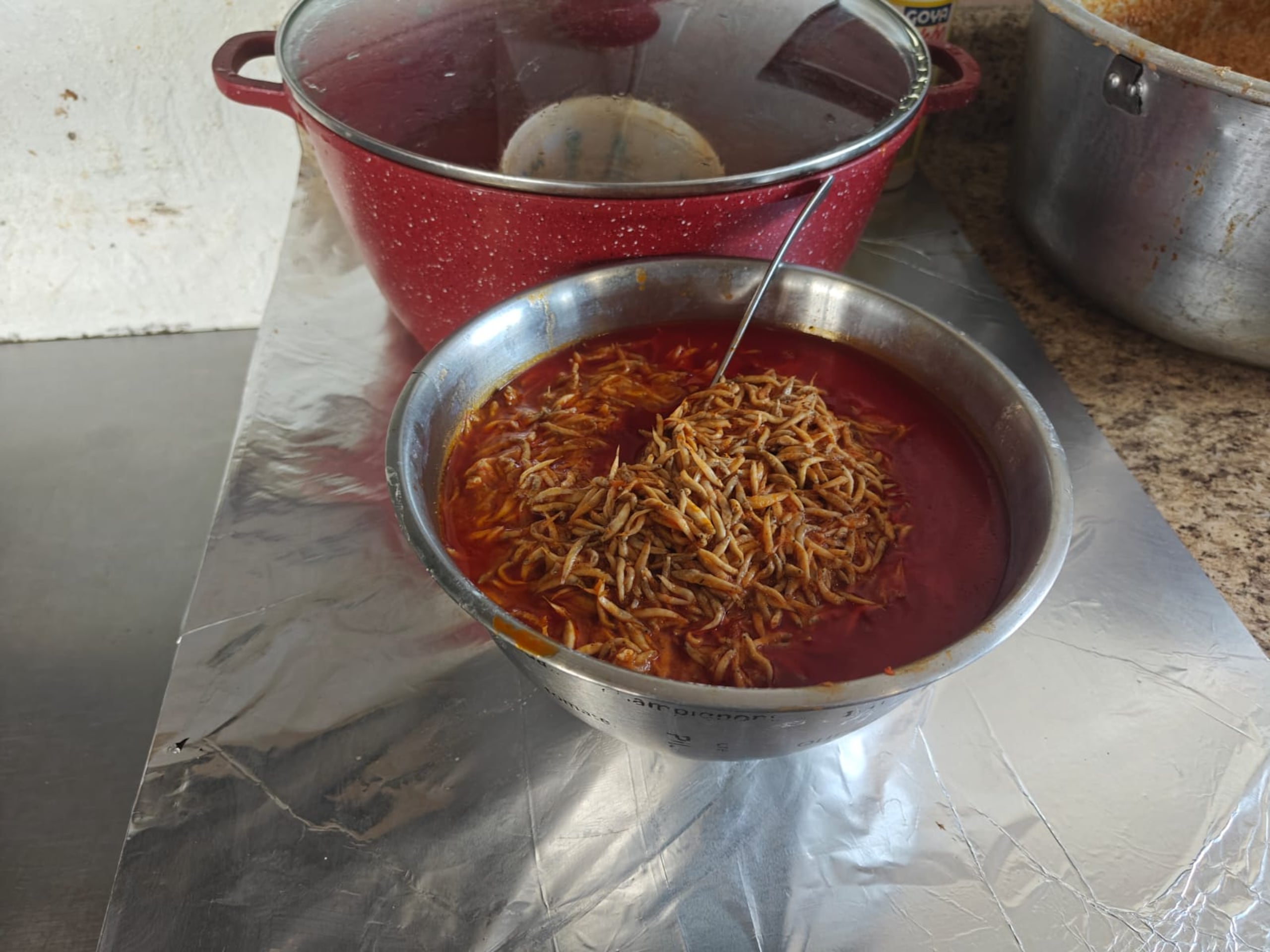 Antes de agregarlas a la masa de la empanada, Rivera Bayón guisa las larvas de cetí, proceso que no solo cambia el aspecto del plato, si no que acentúa su sabor a marisco.