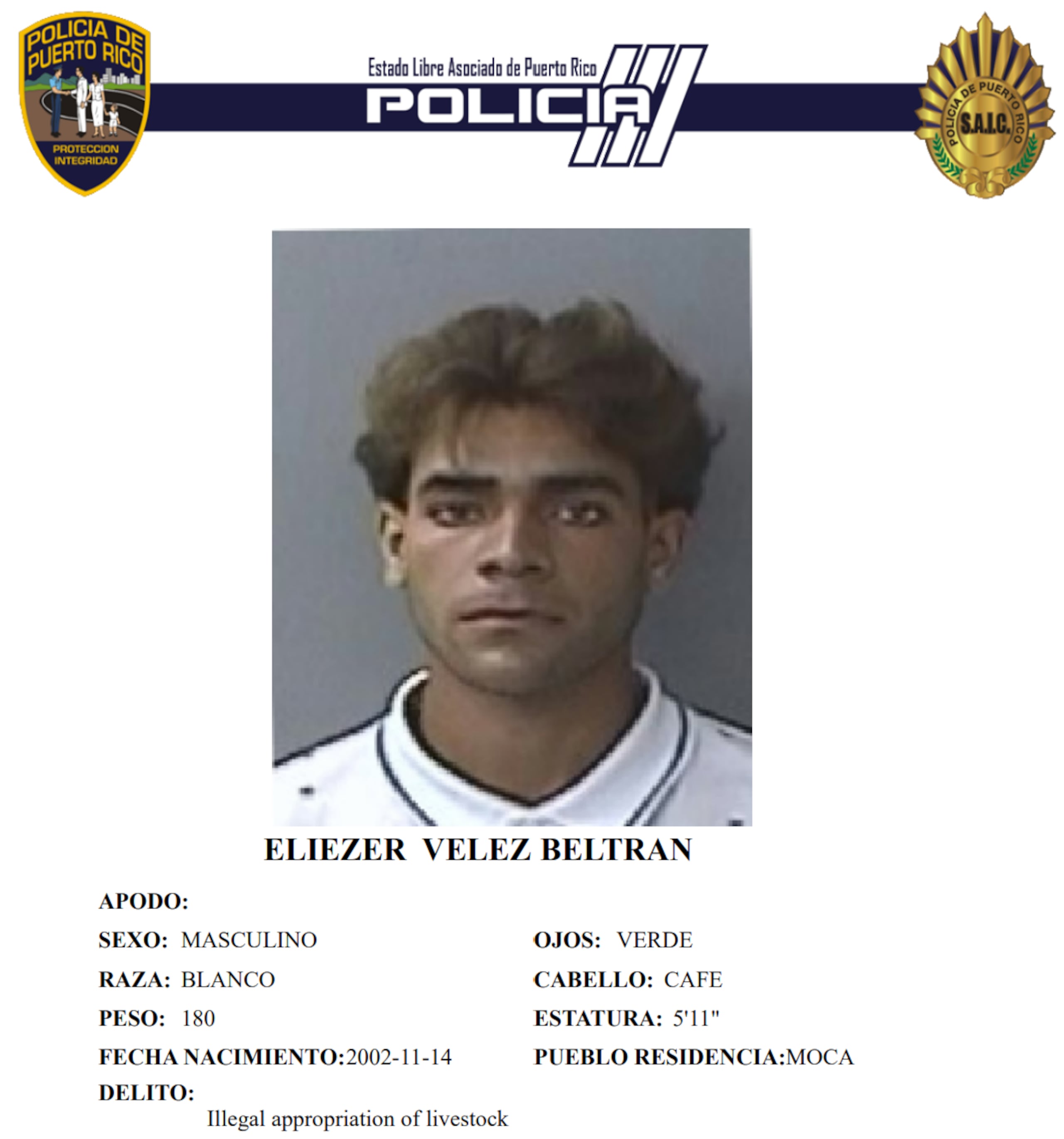Ficha policiaca de Eliezer Vélez Beltrán, de 22 años y residente de Moca.