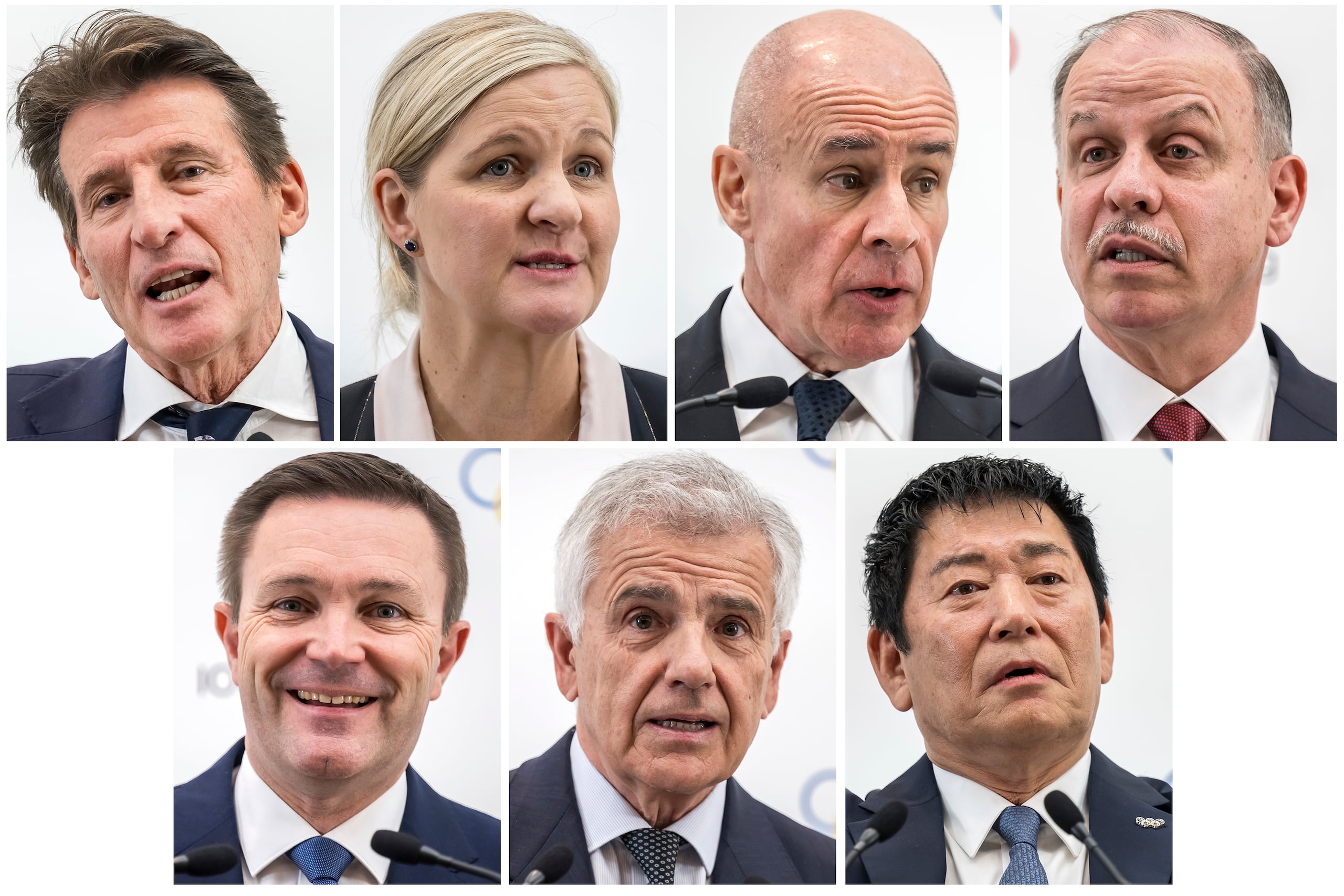 Esta imagen combinada de archivo del 30 de enero de 2025 muestra a los siete candidatos a presidir el Comité Olímpico Internacional. Arriba, de izquierda a derecha, Sebastian Coe, Kirsty Coventry, Johan Eliasch, y el príncipe Feisal al Hussein, en la línea inferior desde la izquierda, David Lappartient, Juan Antonio Samaranch y Morinari Watanabe.