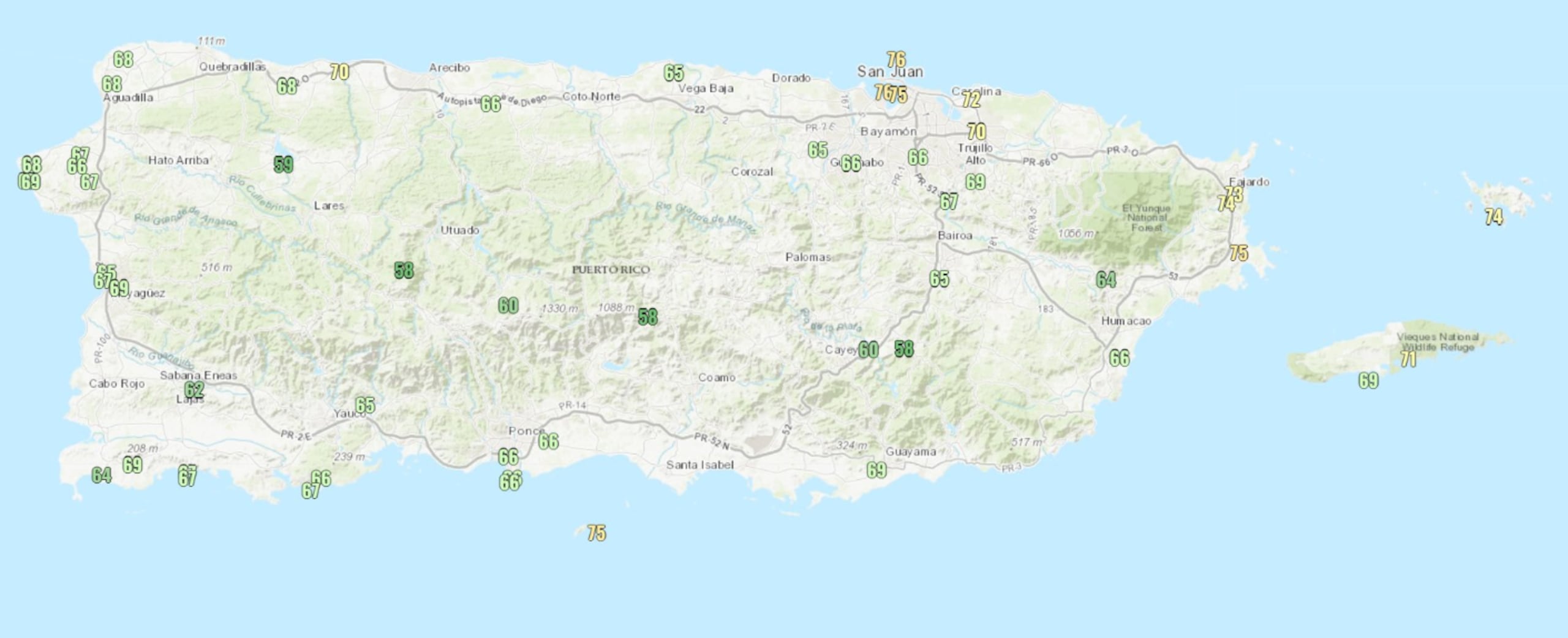 Mapa con las temperaturas mínimas registradas para este sábado, 10 de febrero.