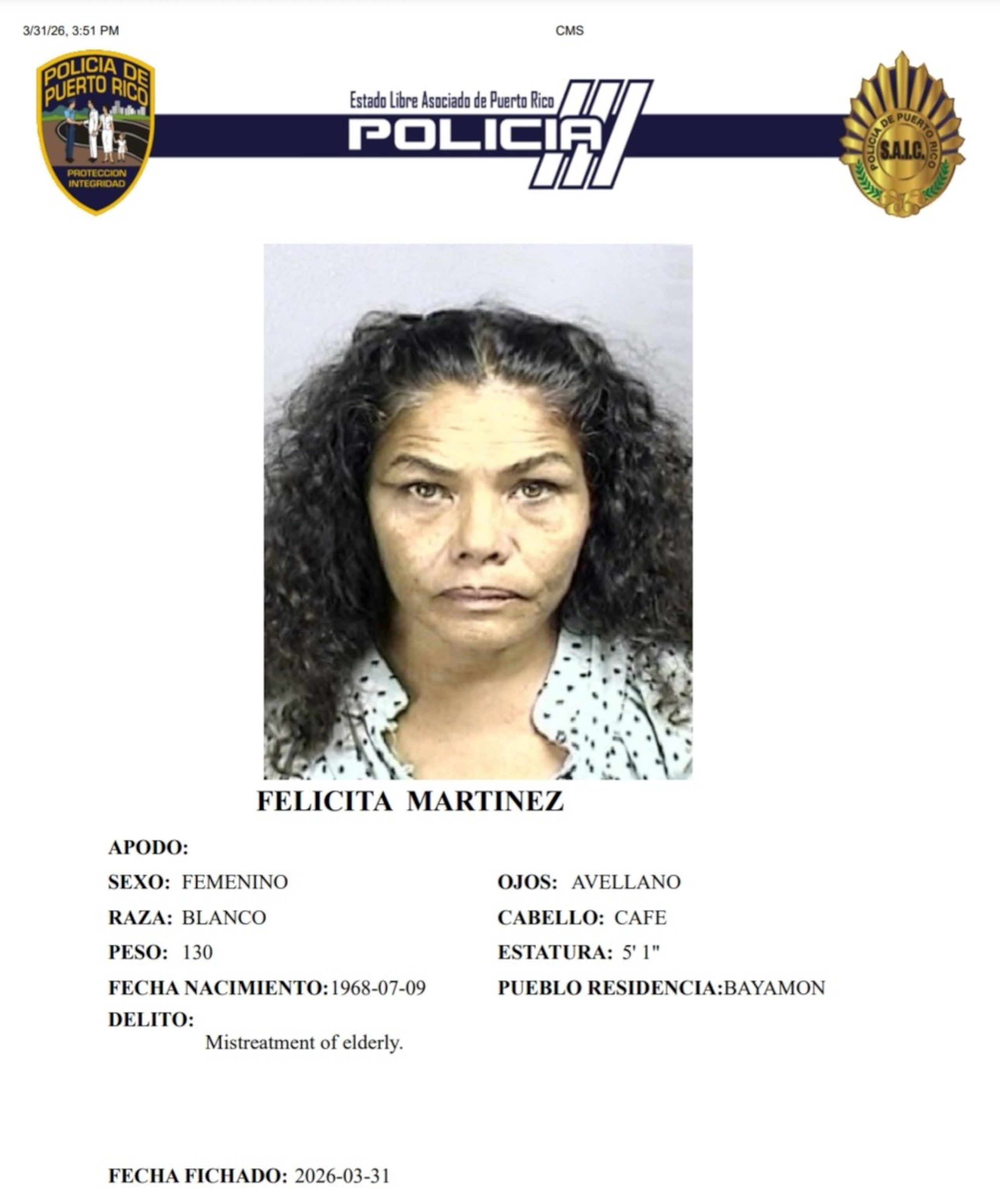 Felicita Martínez, enfrenta un cargo por maltrato a una persona de edad avanzada.