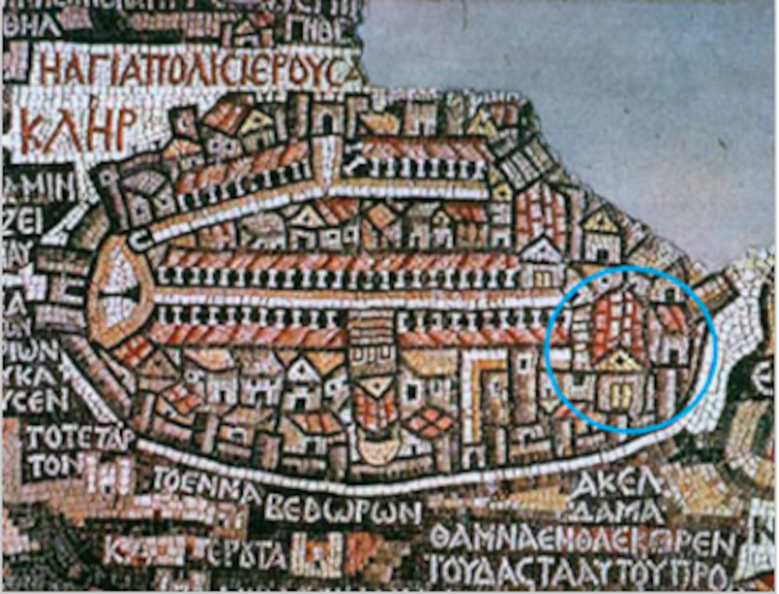 El mapa del siglo IV d.C. muestra la gran basílica bizantina en el Monte Sión con un pequeño edificio a su lado (rodeado), que podría ser el edificio tradicionalmente identificado como el “Cenáculo” de la Última Cena de Jesús