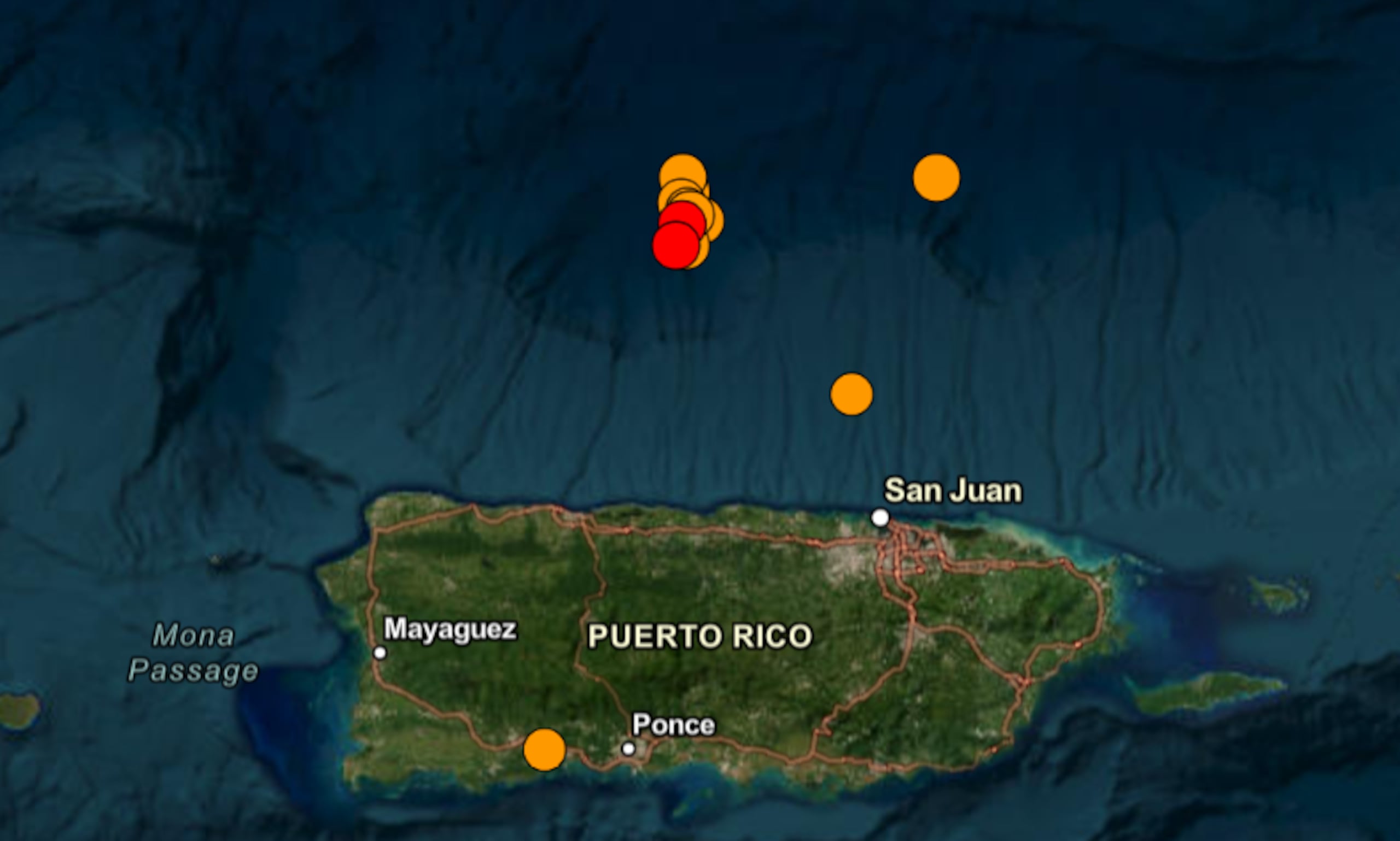 Imagen de la localización de los temblores de tierra registrados en la mañana del 6 de enero de 2026, según el Servicio Geológico de Estados Unidos.
