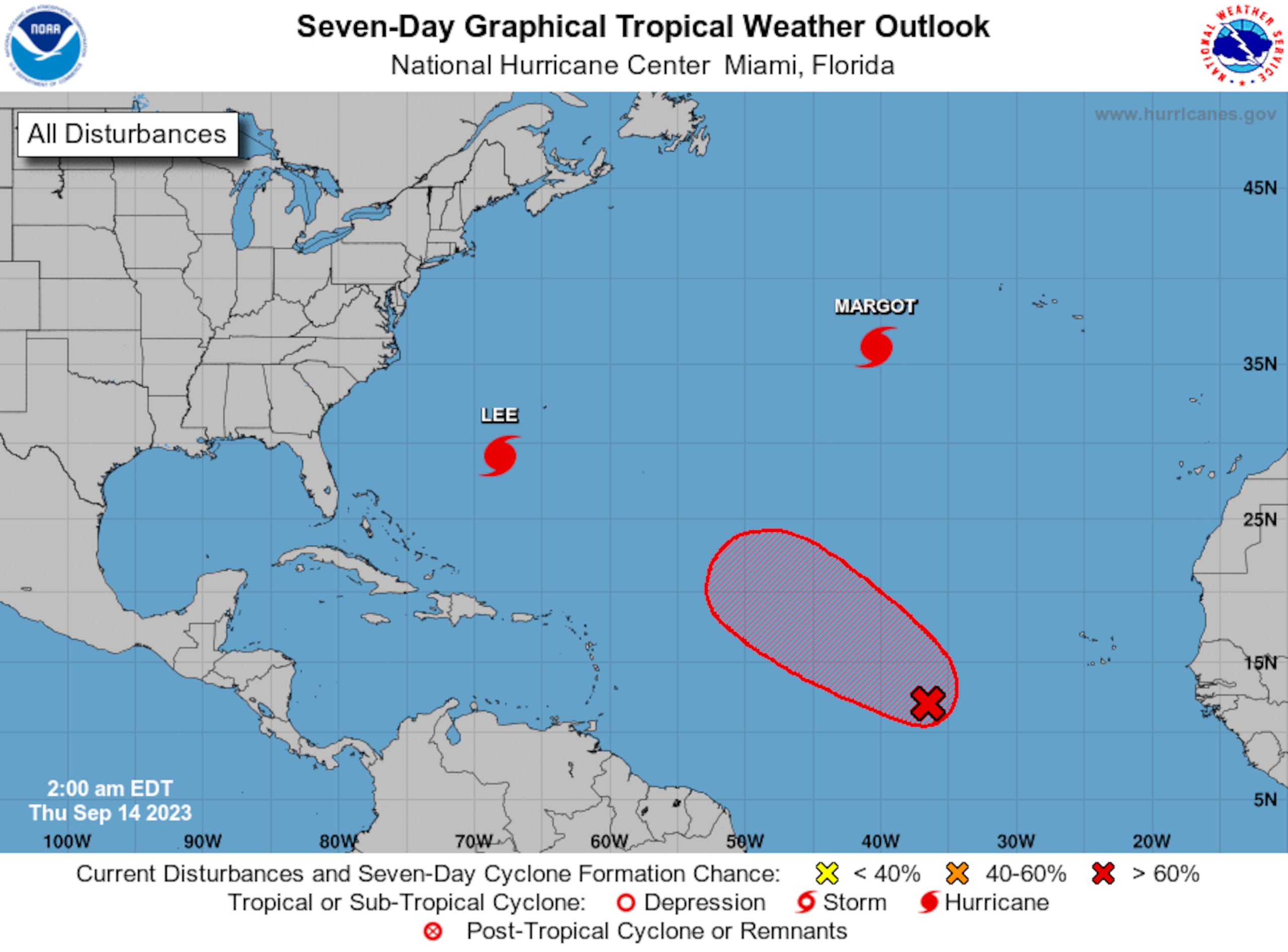 Perspectiva gráfica del clima tropical del Atlántico para siete días del Centro Nacional de Huracanes en Miami.