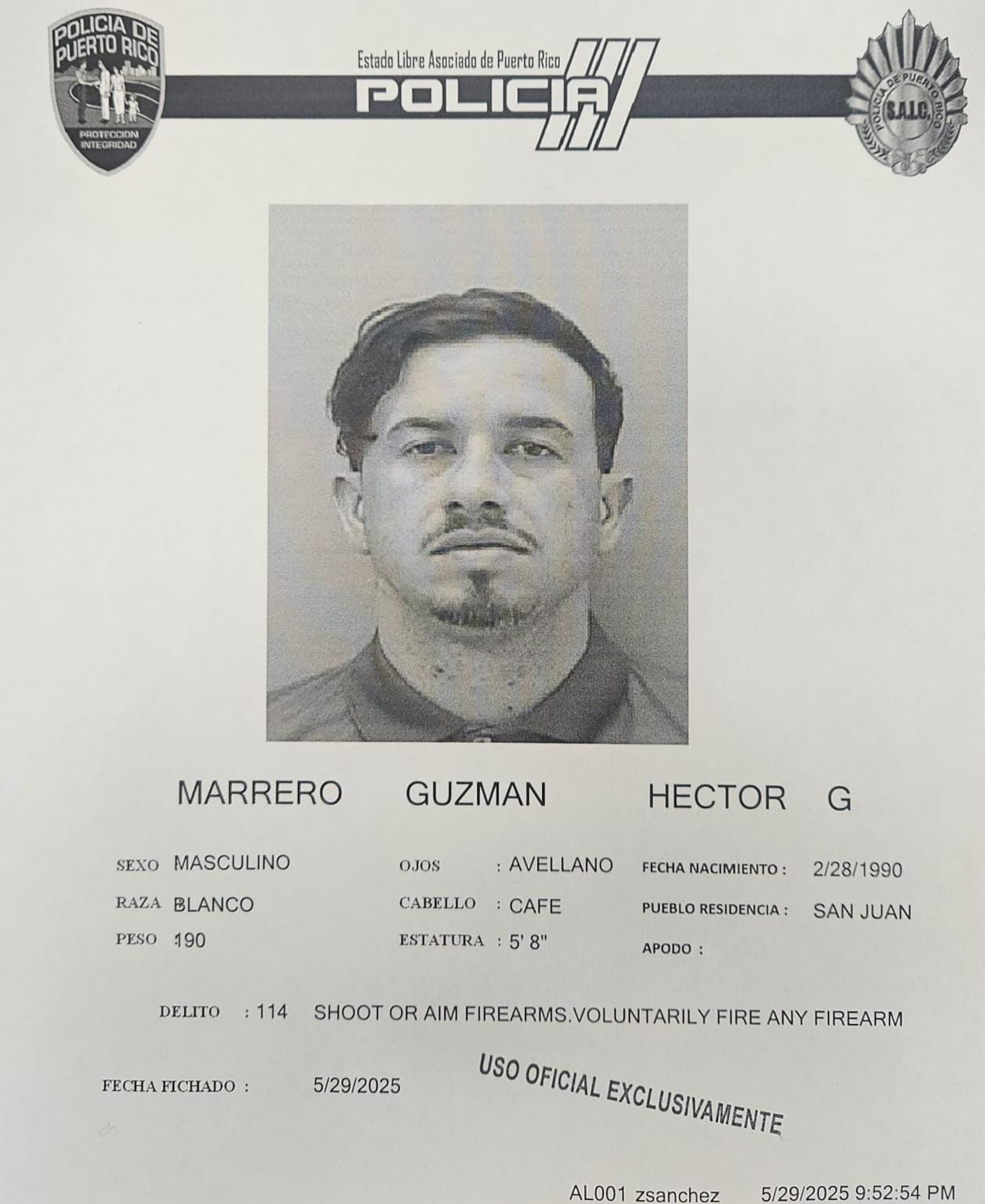 Héctor G. Marrero Guzmán, fue acusado por asesinato en primer grado y violación a la Ley de Armas.