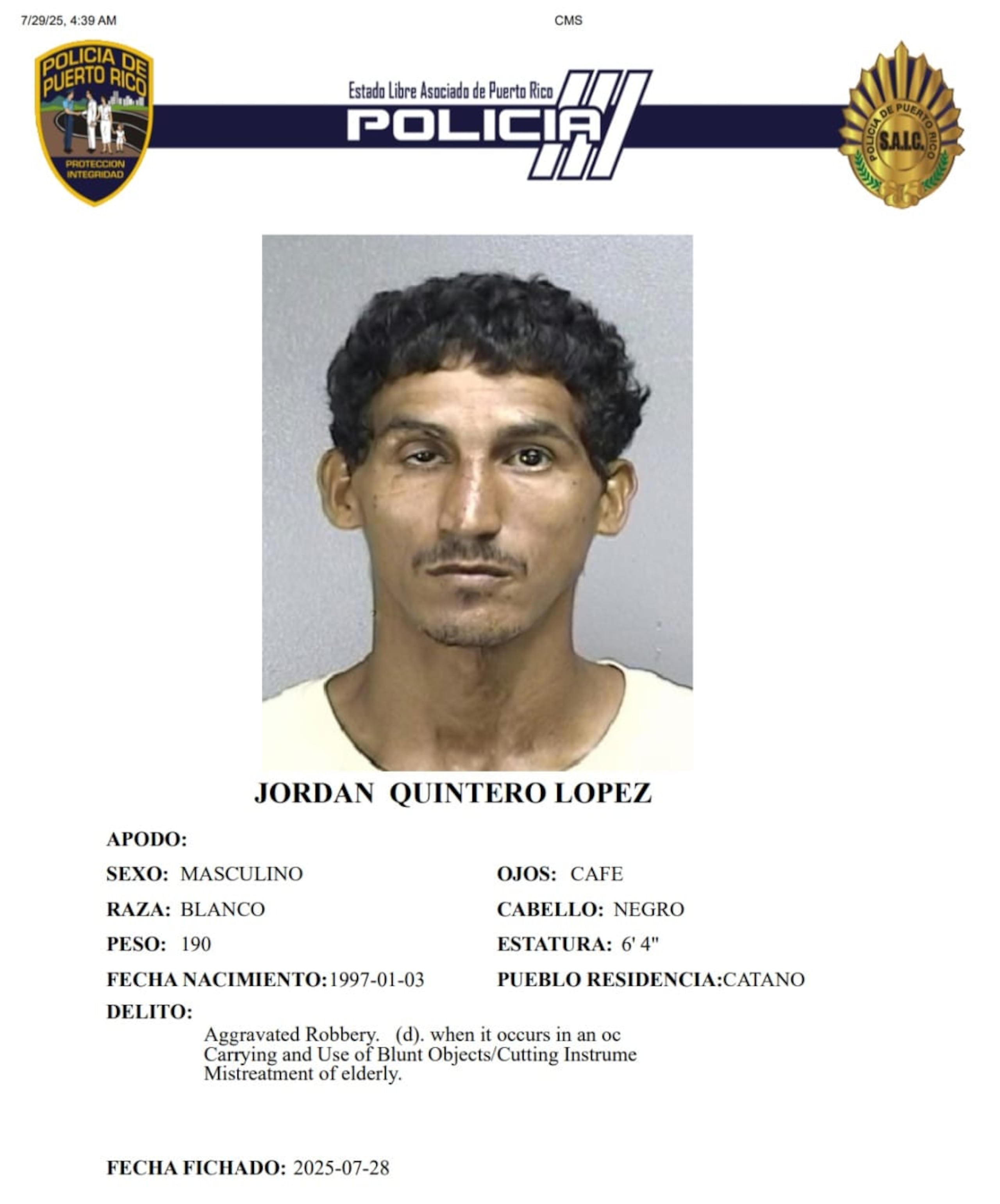 Jordan Quintero López, enfrenta cargos por maltrato a una persona de edad avanzada mediante amenaza, robo agravado y por el uso de un arma blanca.