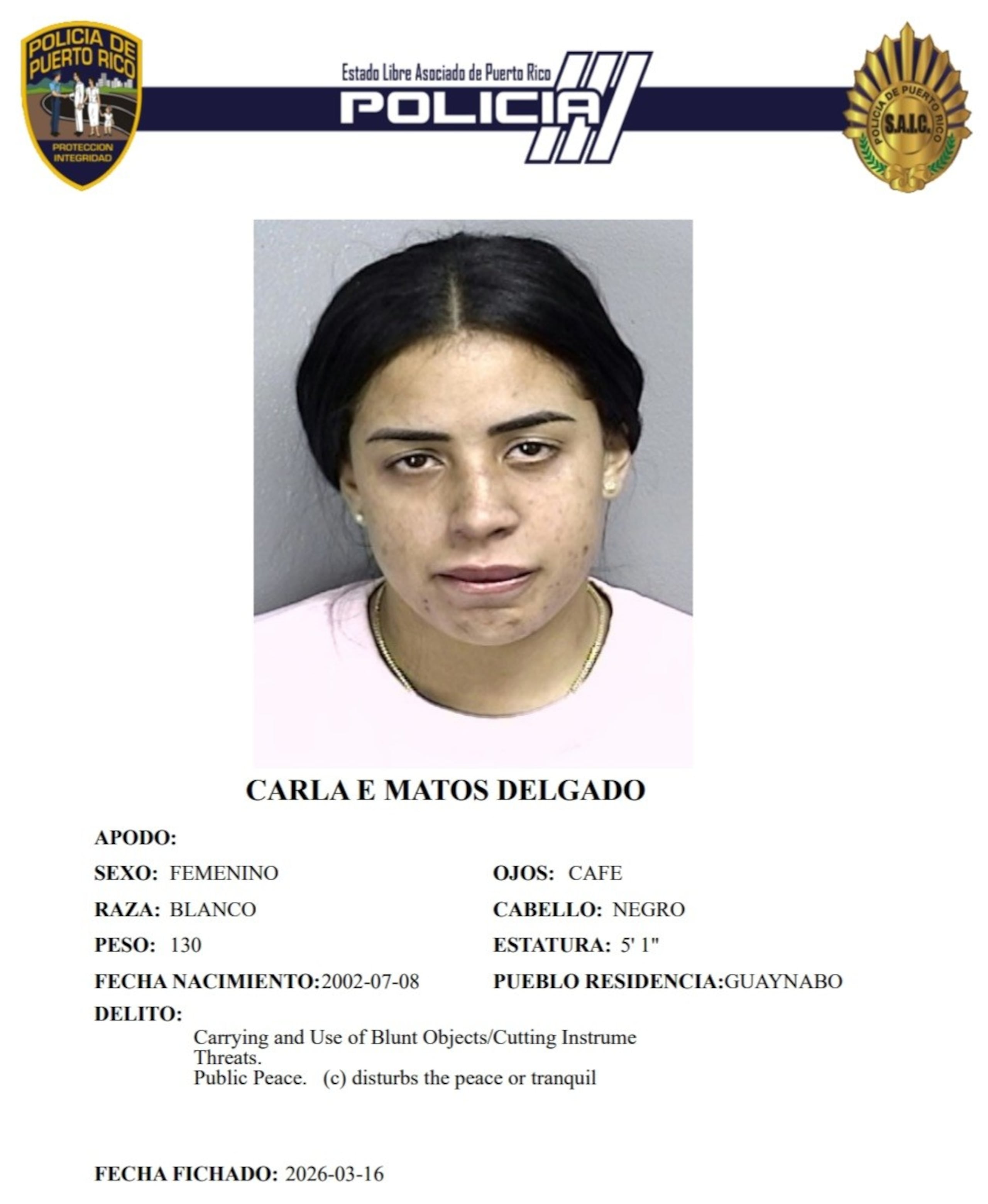 Carla E. Matos Delgado, enfrenta cargos por violación a la Ley de Armas, amenaza y alteranción a la paz.