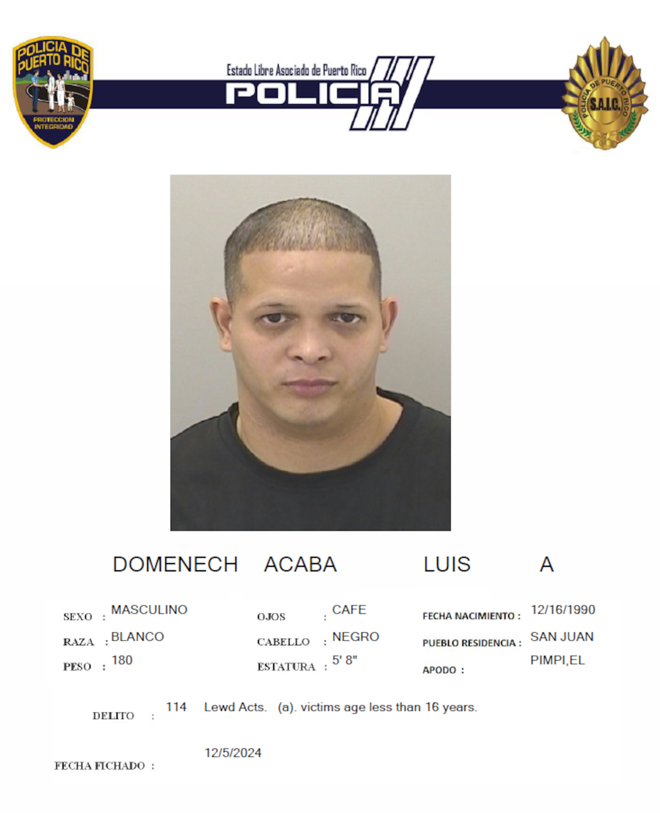 Luis A. Domenech Acabá enfrenta un cargo por actos lascivos.