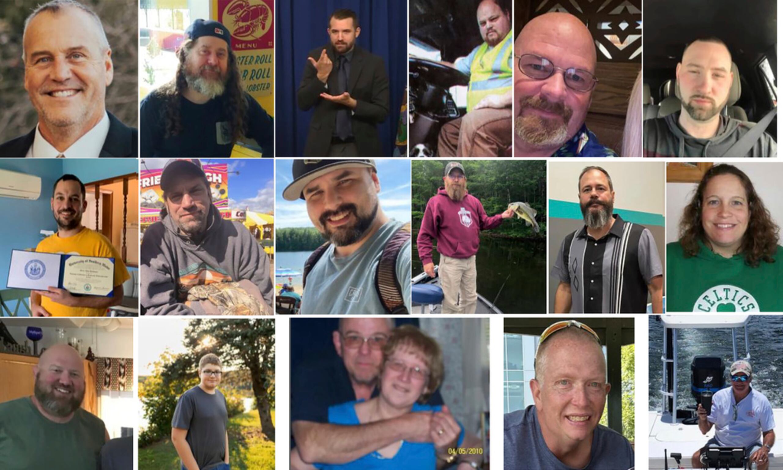 Ronald G. Morin, Peyton Brewer-Ross, Joshua A. Seal, Bryan M. MacFarlane, Joseph Lawrence Walker, Arthur Fred Strout, Maxx A. Hathaway, Stephen M. Vozzella, Thomas Ryan Conrad, Michael R. Deslauiers II, Jason Adam, Tricia C. Asselin, William A. Young, Aaron Young, Robert E. Violette y Lucille M. Violette, William Frank y Keith D. Macneir.