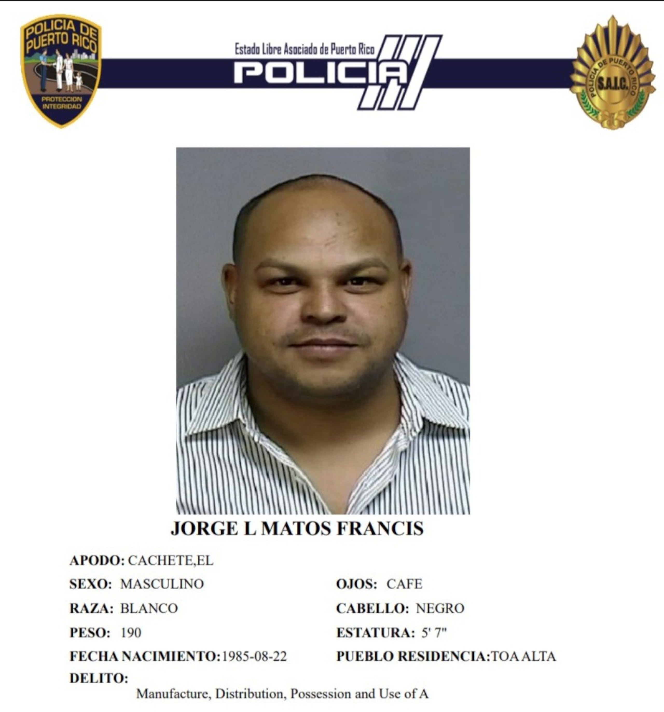 Jorge L. Matos Francis, enfrenta cargos por asesinato en primer grado y violación a la Ley de Armas.