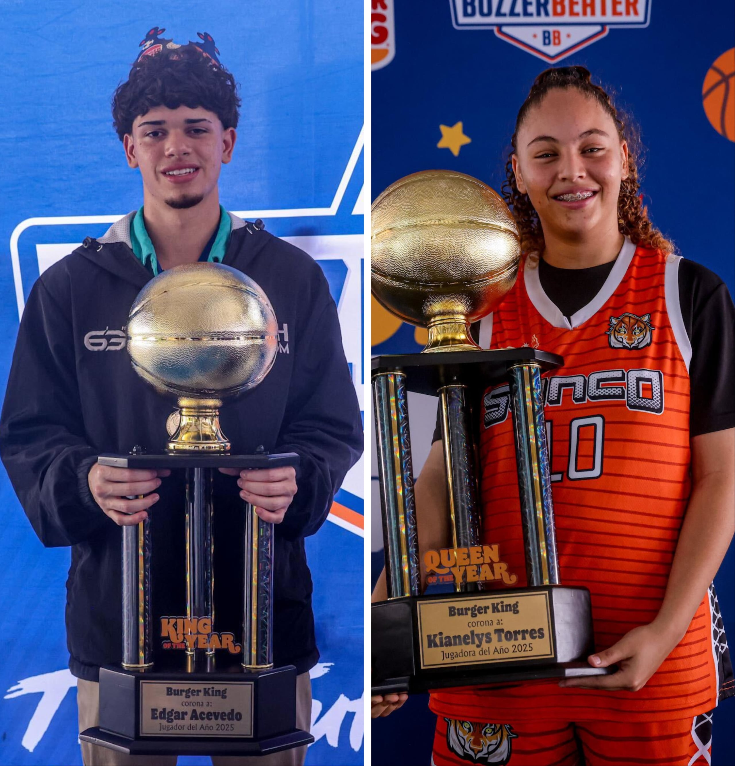 Edgar Acevedo, de Jireh Kingdom Christian Academy en Río Grande, y Kianelys Torres, del Colegio San Conrado en Ponce, con los premios King y Queen of the Year de Buzzer Beater.