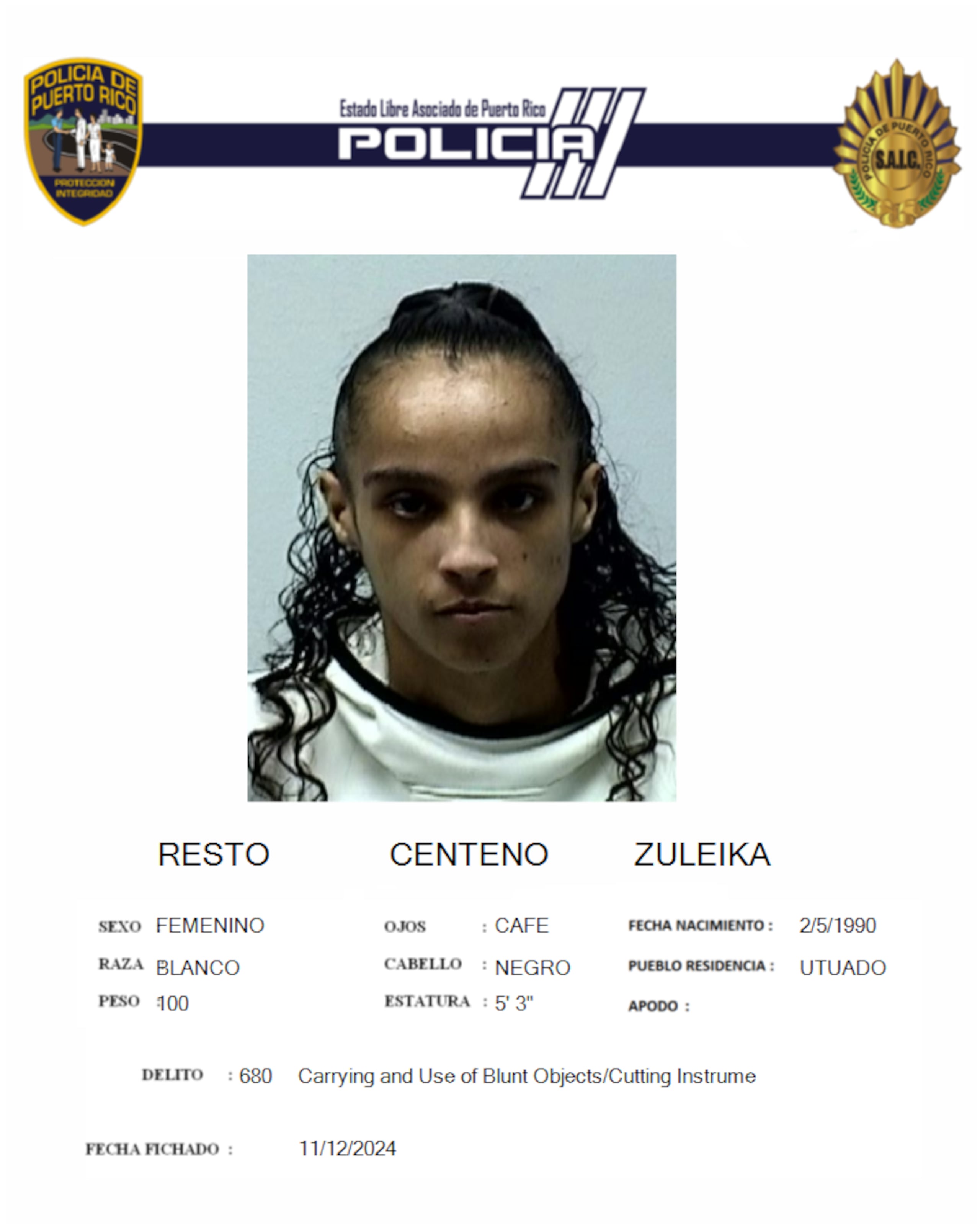 Zuleika Resto Centeno, enfrenta cargos por agresión agravada y violación a la Ley de Armas.