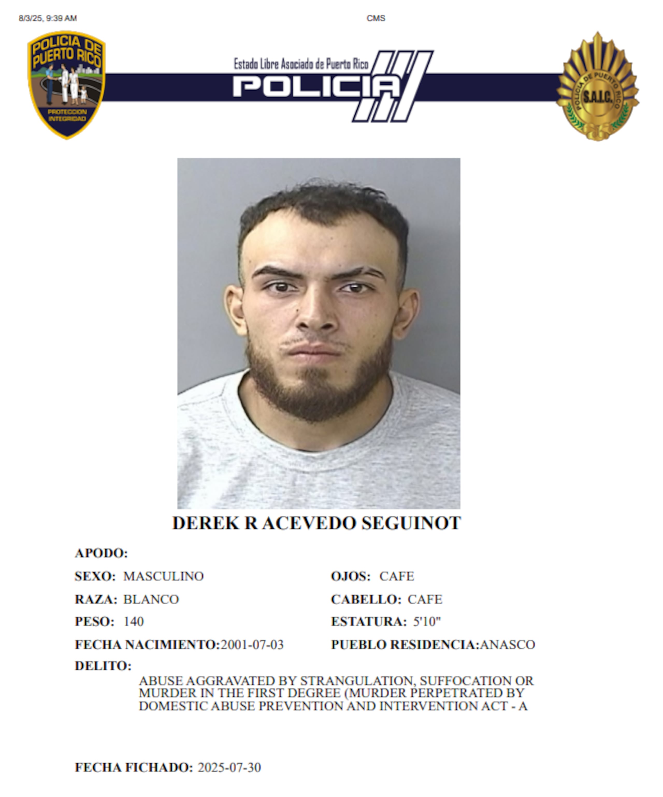 Derek Rafael Acevedo Seguinot de 24 años, residente de Añasco