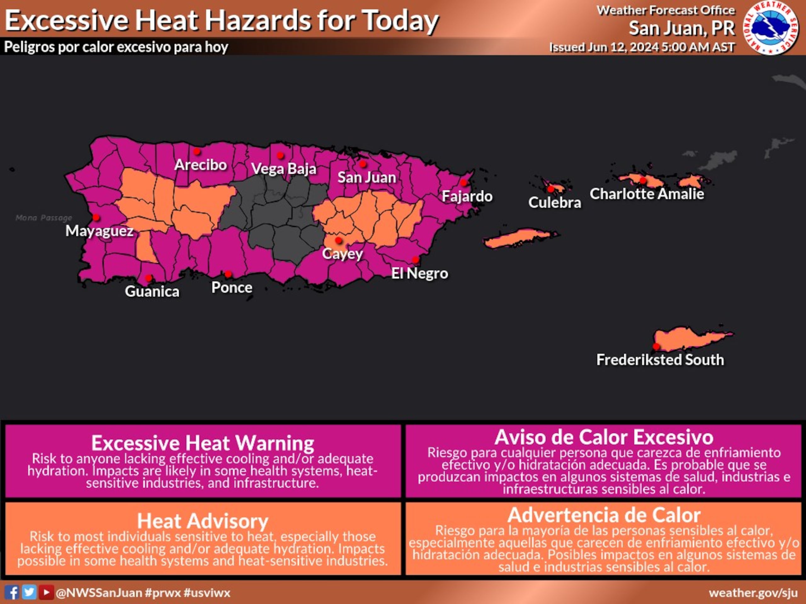 Aviso y advertencia de calor emitidos el 12 de junio de 2024.