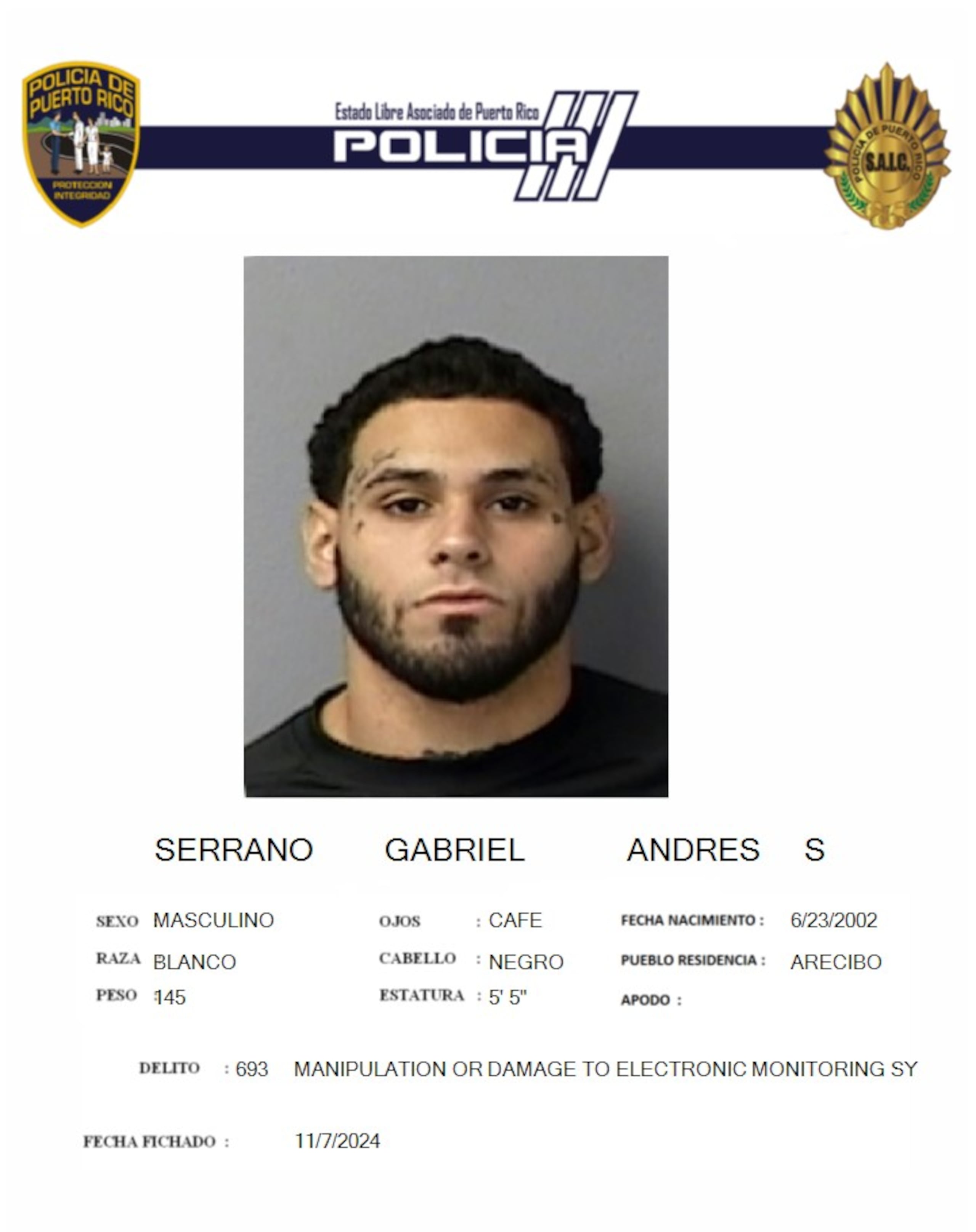 Ficha policial del prófugo Andrés Sebastián Serrano Gabriel.
