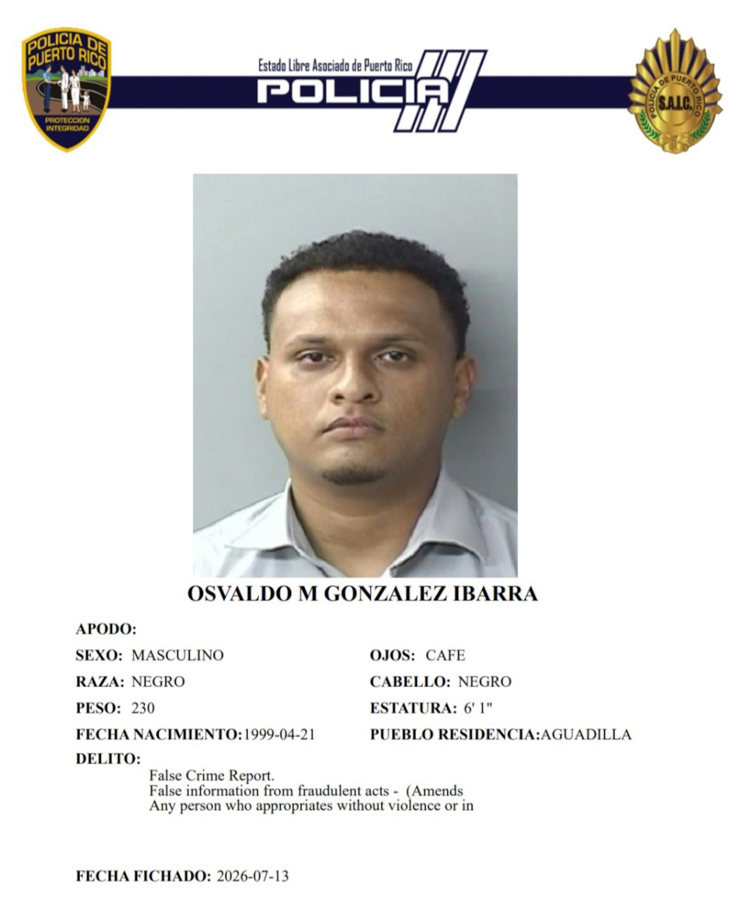 Osvaldo M. González Ibarra, enfrenta cargos tras ofrecer información falsa sobre el hurto de su guagua.